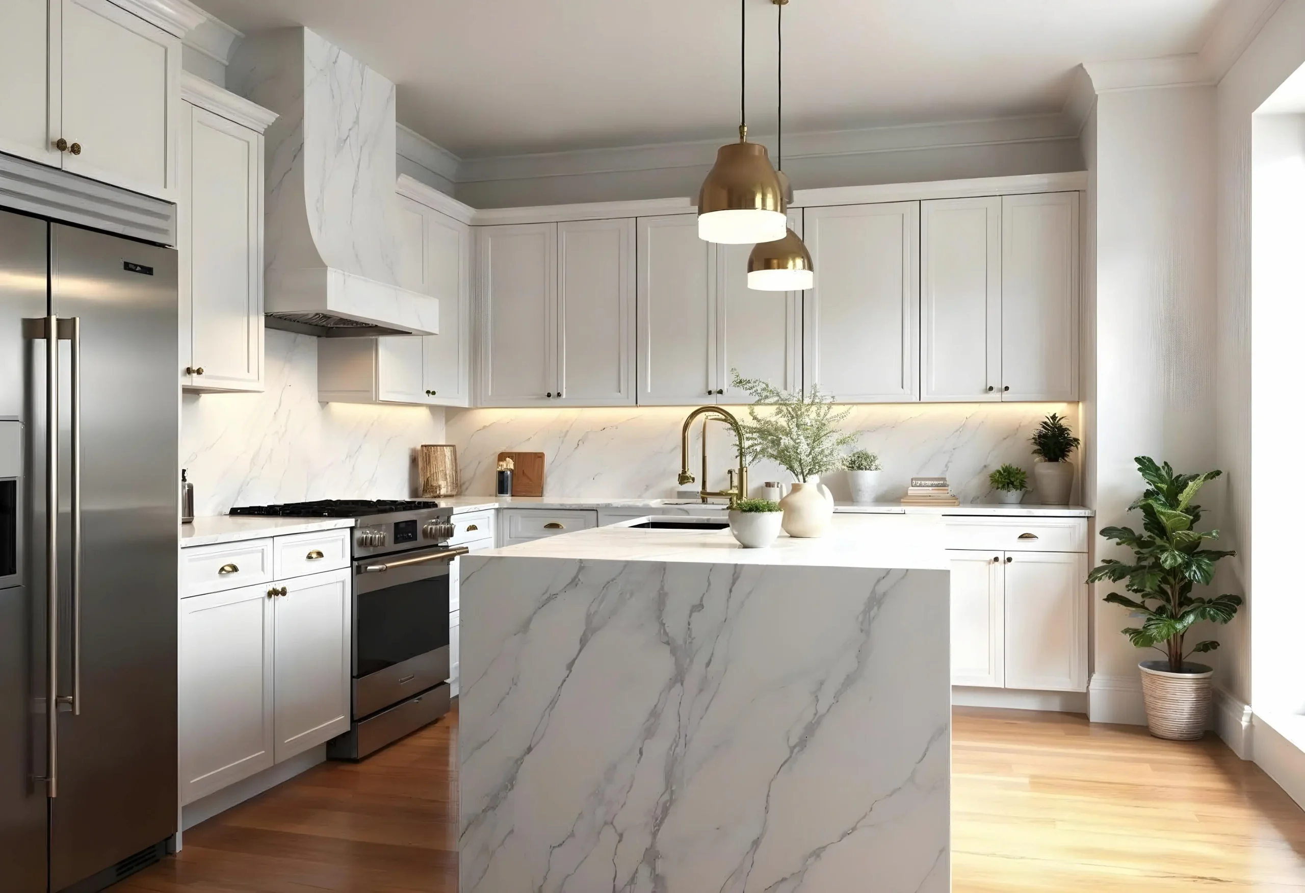 Luxury kitchen with marble counters, custom cabinets, and high-end appliances in Manhattan.