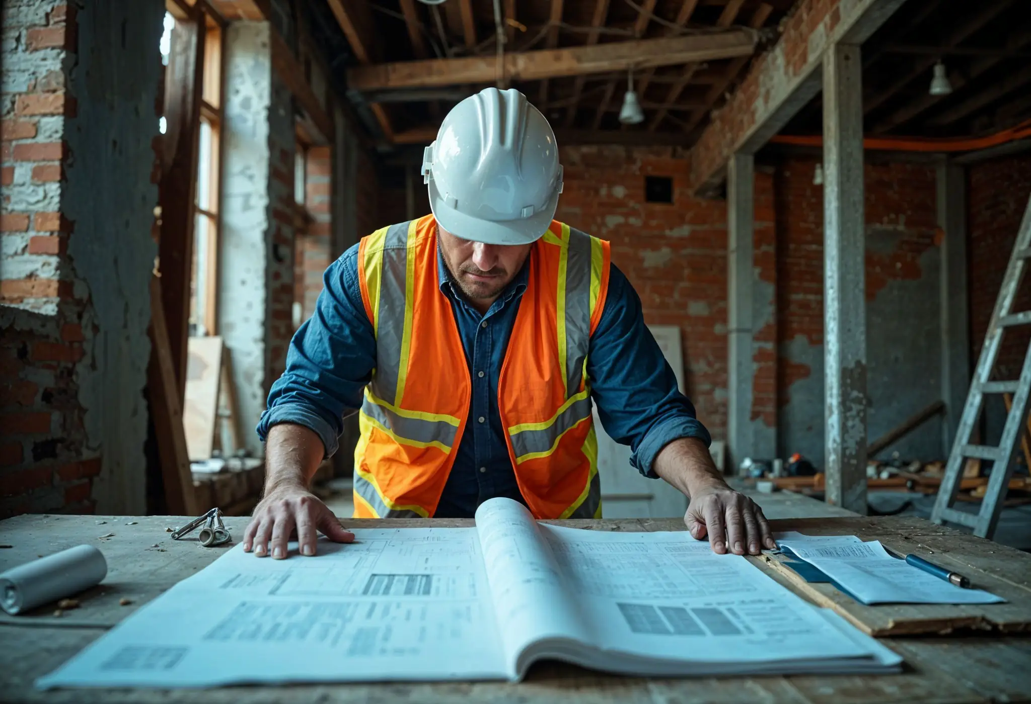 Structural engineer inspecting exposed beams and schematics during a Manhattan renovation.
