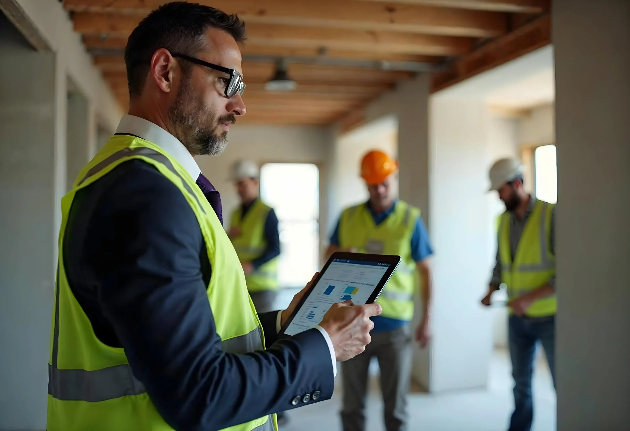 Project manager coordinating construction tasks at a luxury Manhattan renovation site.