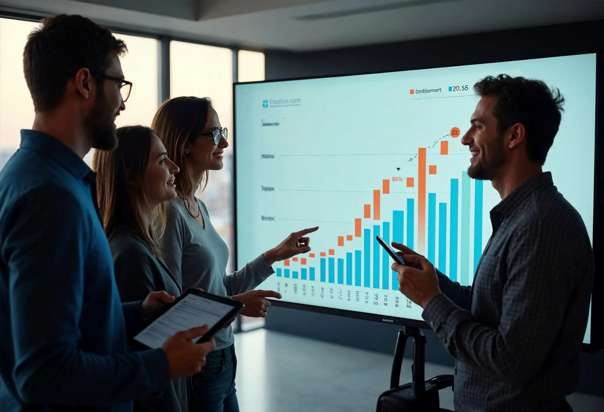 Colleagues analyzing customer retention metrics on a graph.