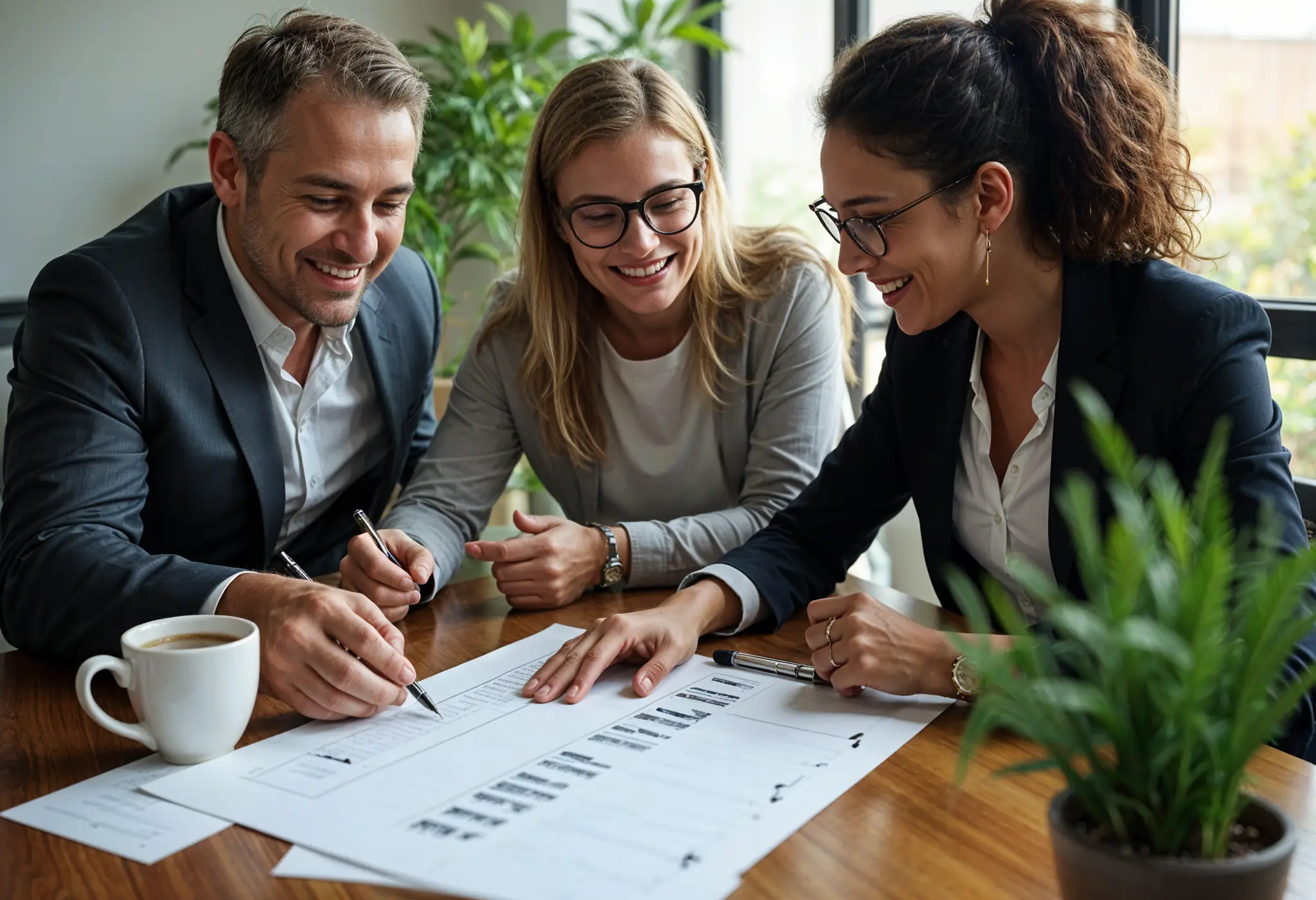 Happy team discussing a client onboarding checklist in a modern office.