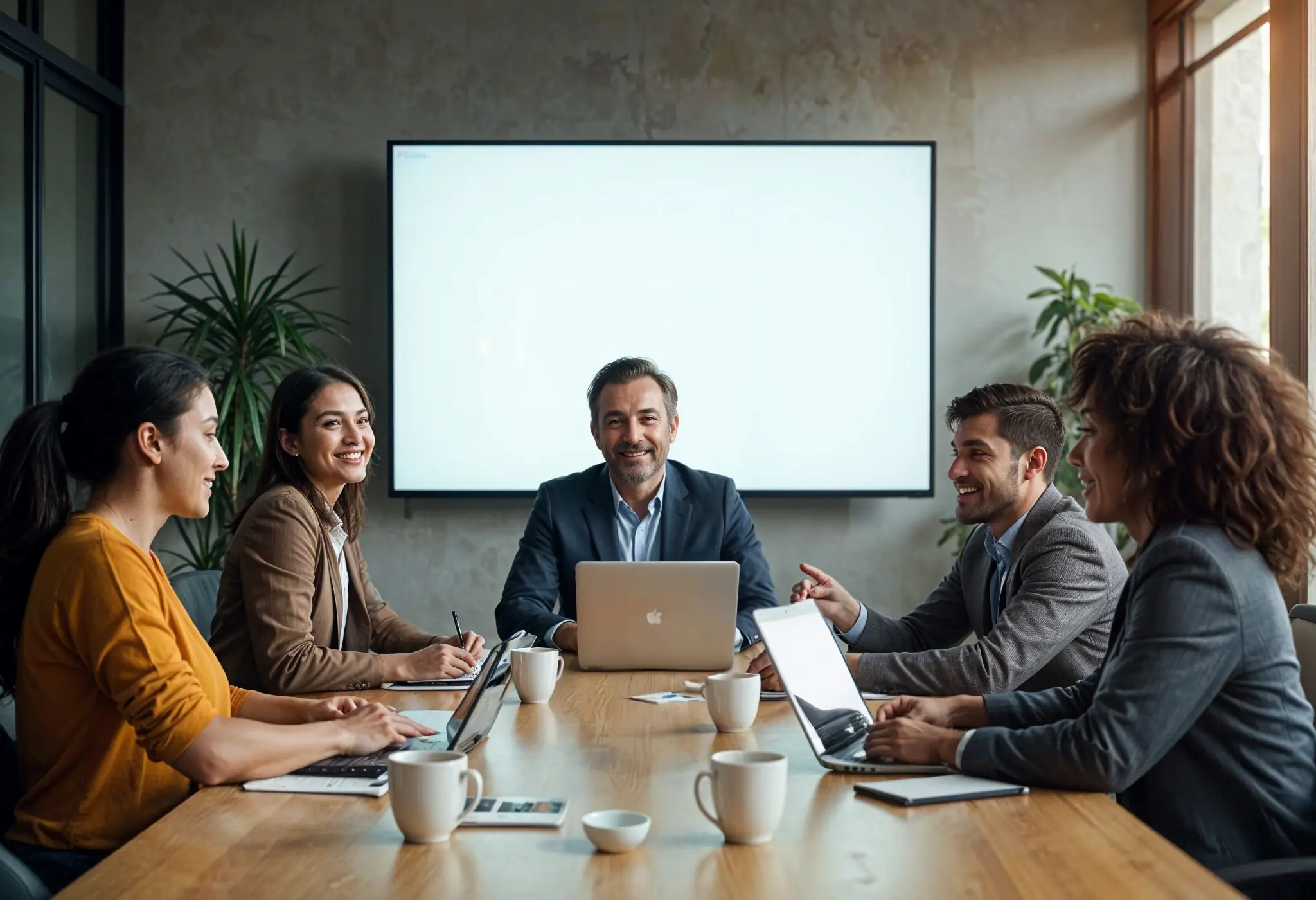 Team engaged in a client onboarding meeting with agenda on screen.