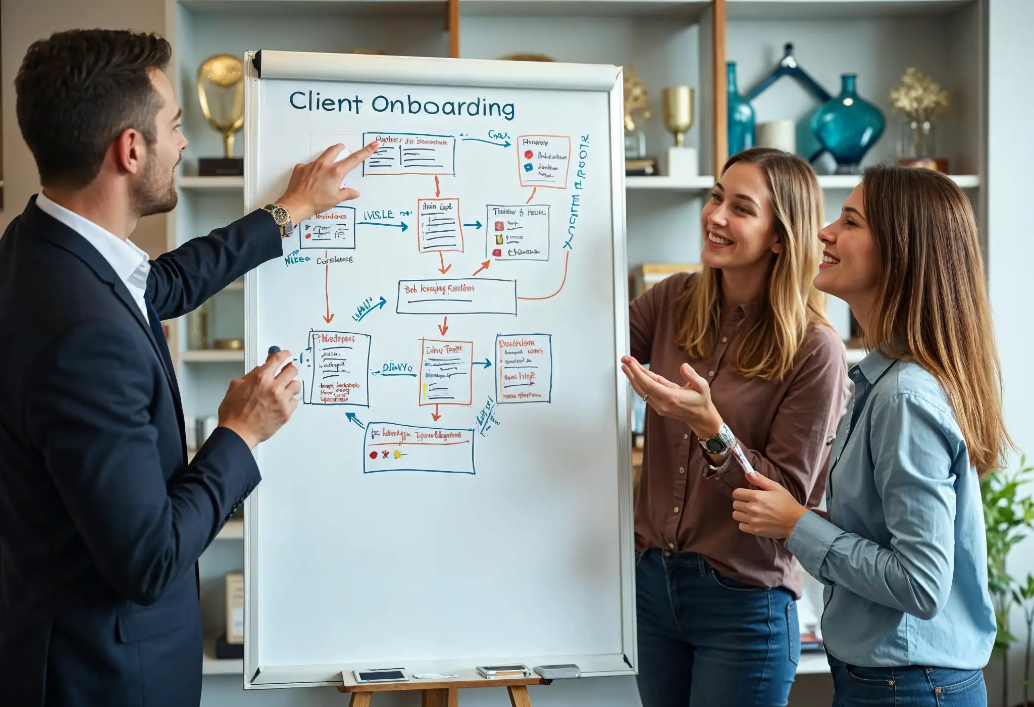 Team discussing a client onboarding flowchart on a whiteboard.