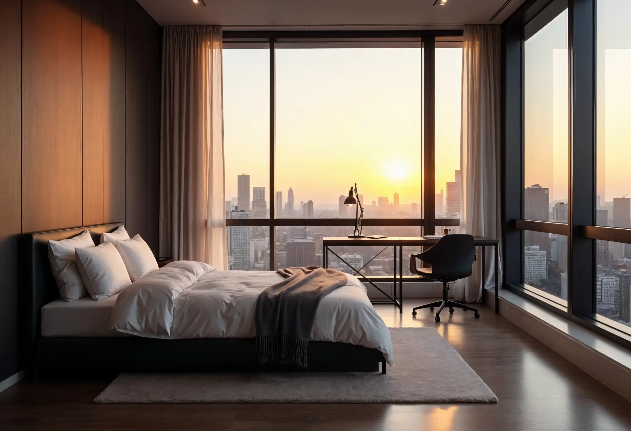Modern bedroom with a large bed, desk, and floor-to-ceiling windows overlooking a sunrise cityscape.