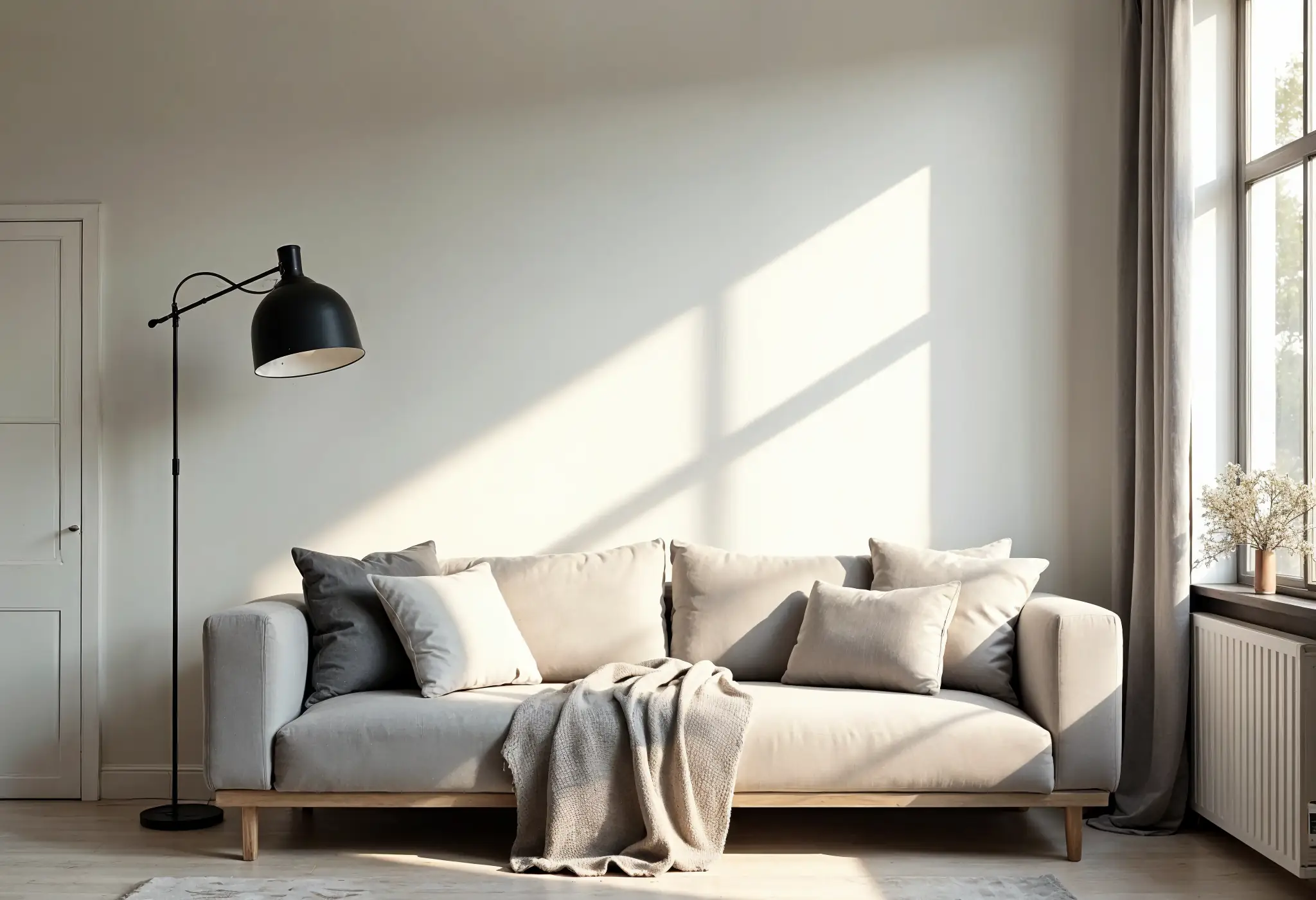 Minimalist living room with a beige sofa, pillows, a black floor lamp, and sunlight coming through large windows.