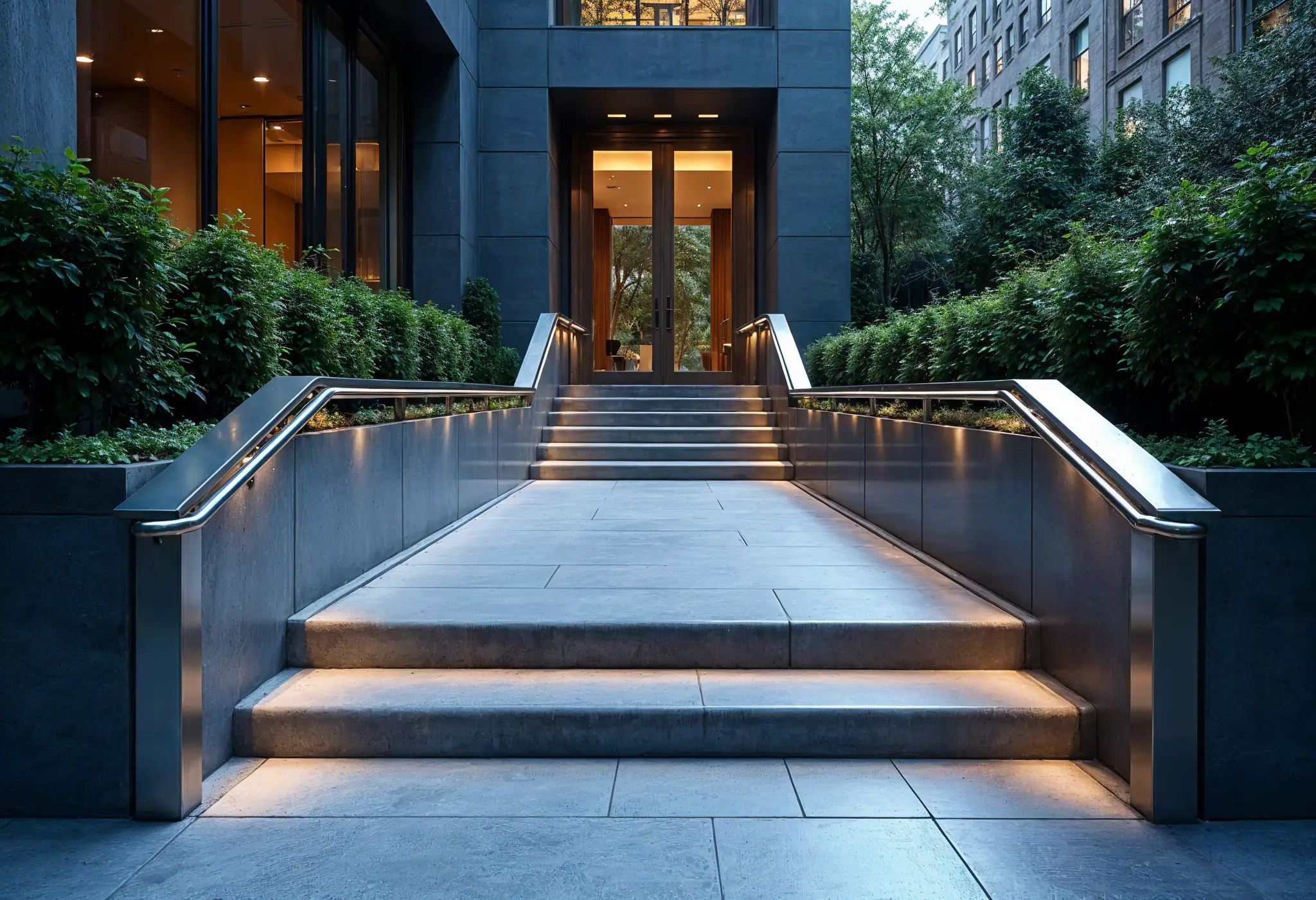Polished granite ramp with modern handrails in a Manhattan luxury property.