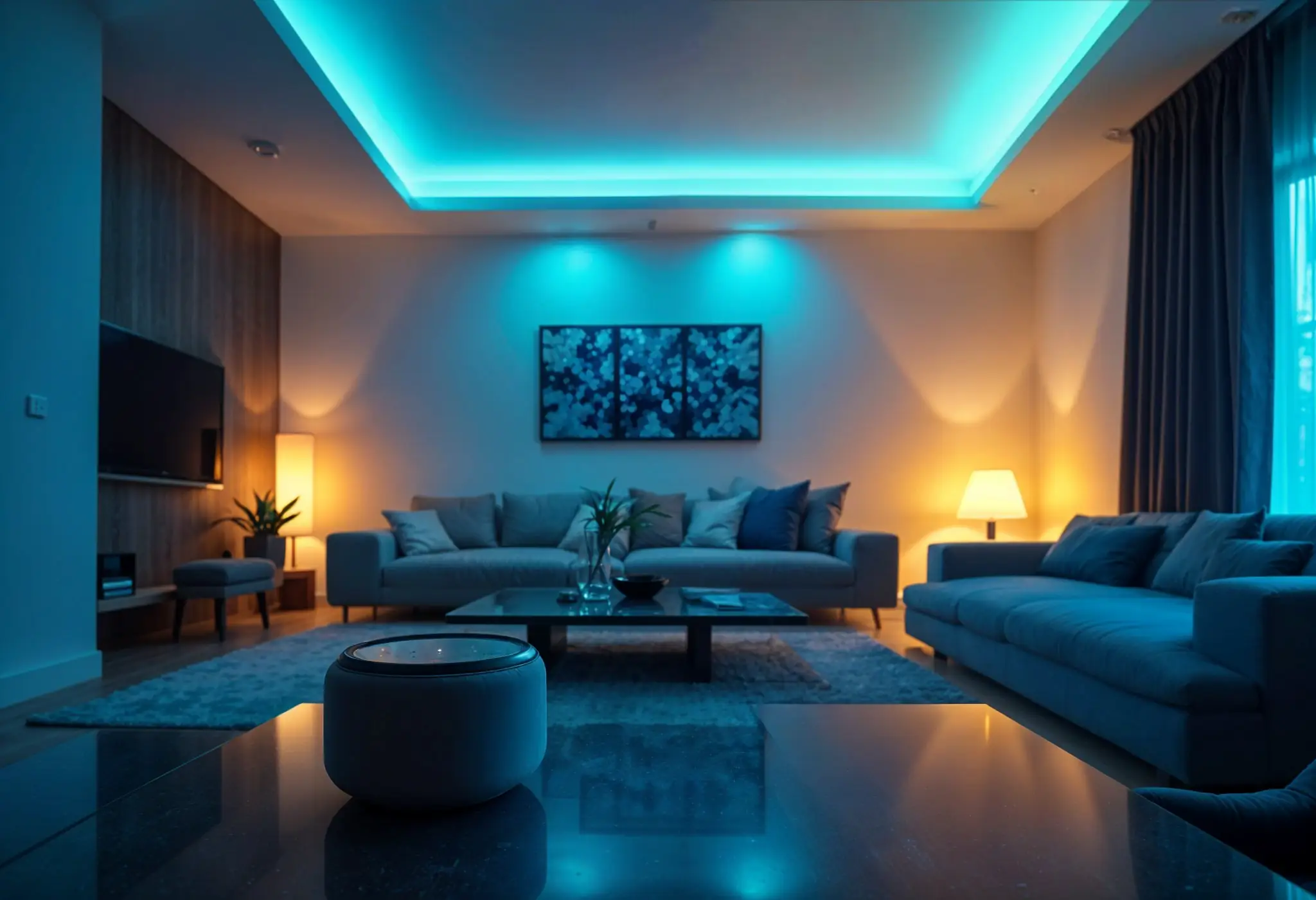 Voice-controlled lighting system with integrated smart home technology.