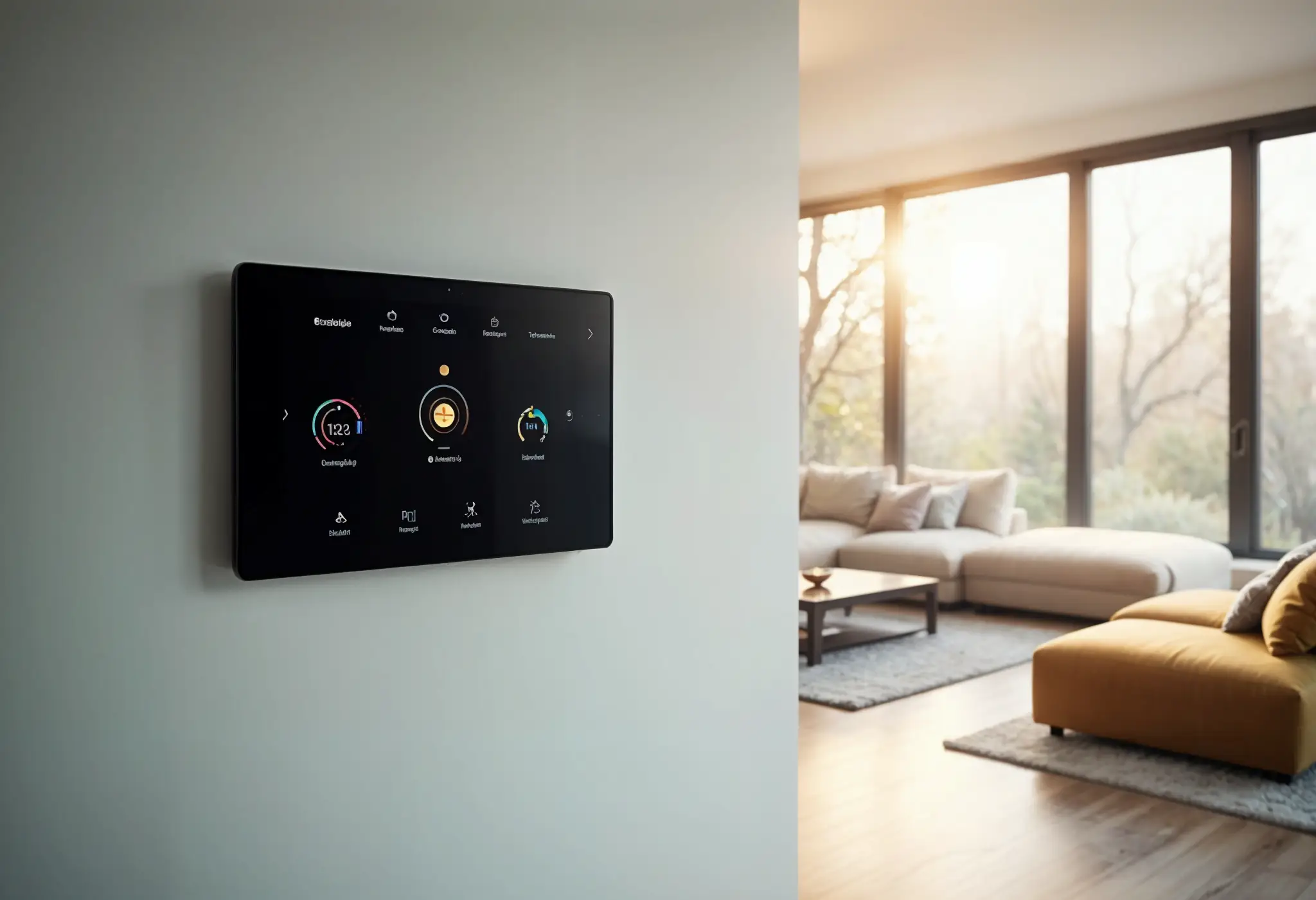 Touchscreen interface of a smart home automation system in a Manhattan residence.
