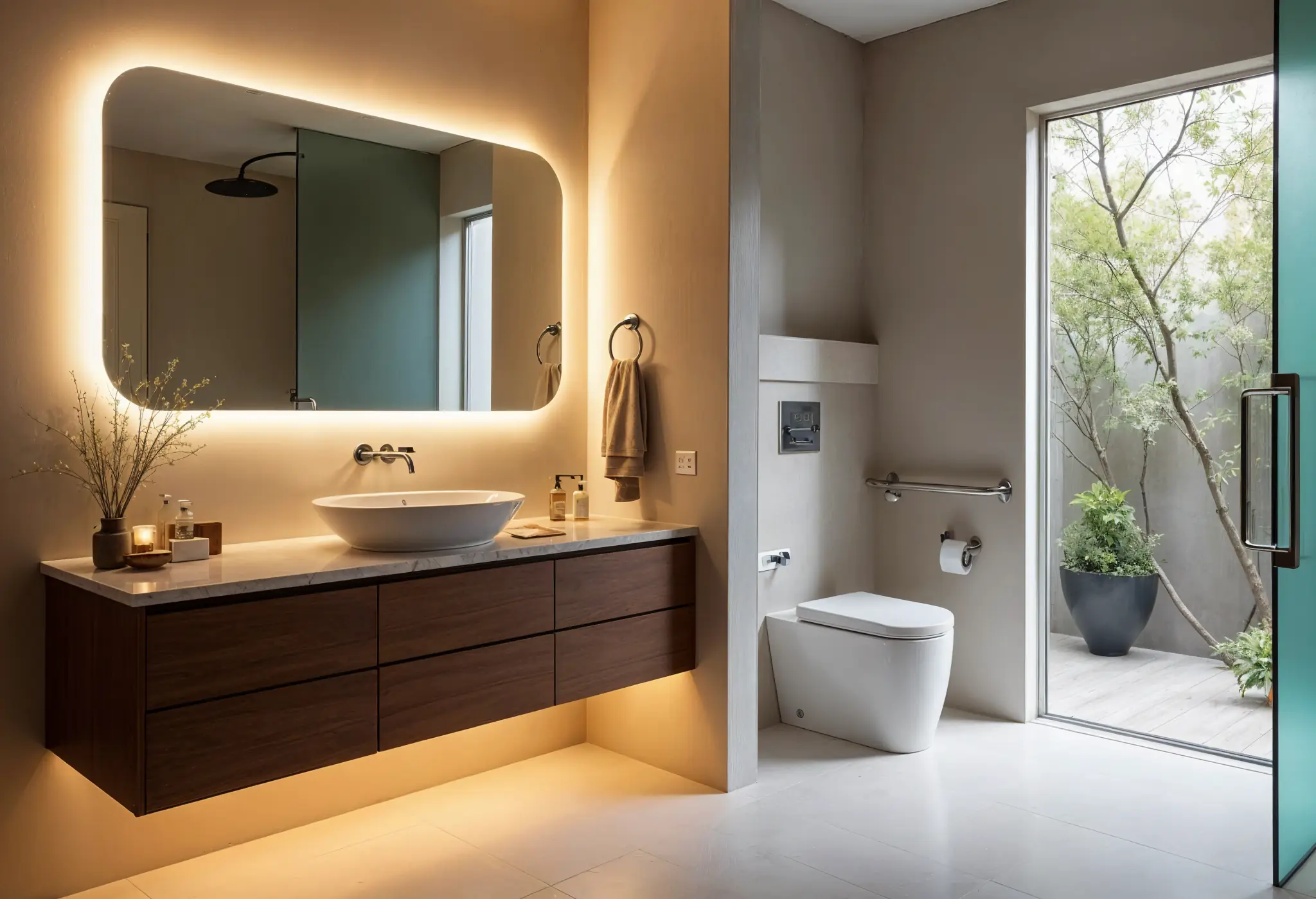 Luxury bathroom with a floating vanity and custom accessibility features.