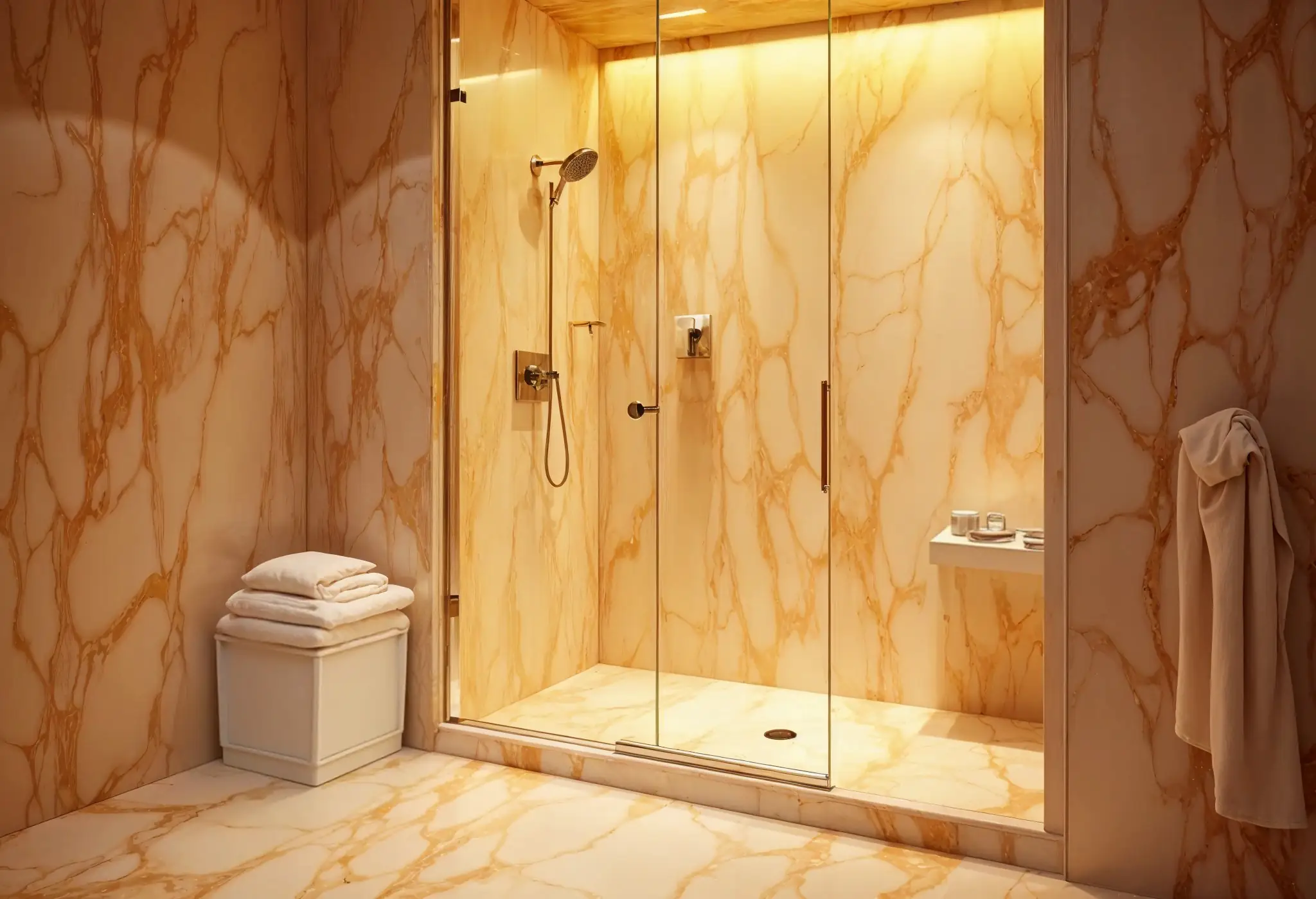 Modern curbless shower with marble finishes and built-in bench seating.