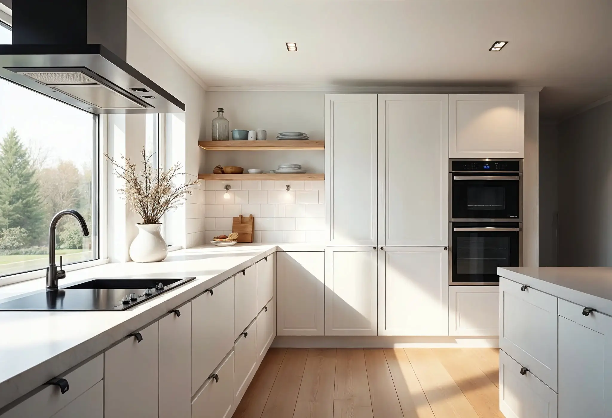 Luxury kitchen with adjustable countertops and custom cabinetry.