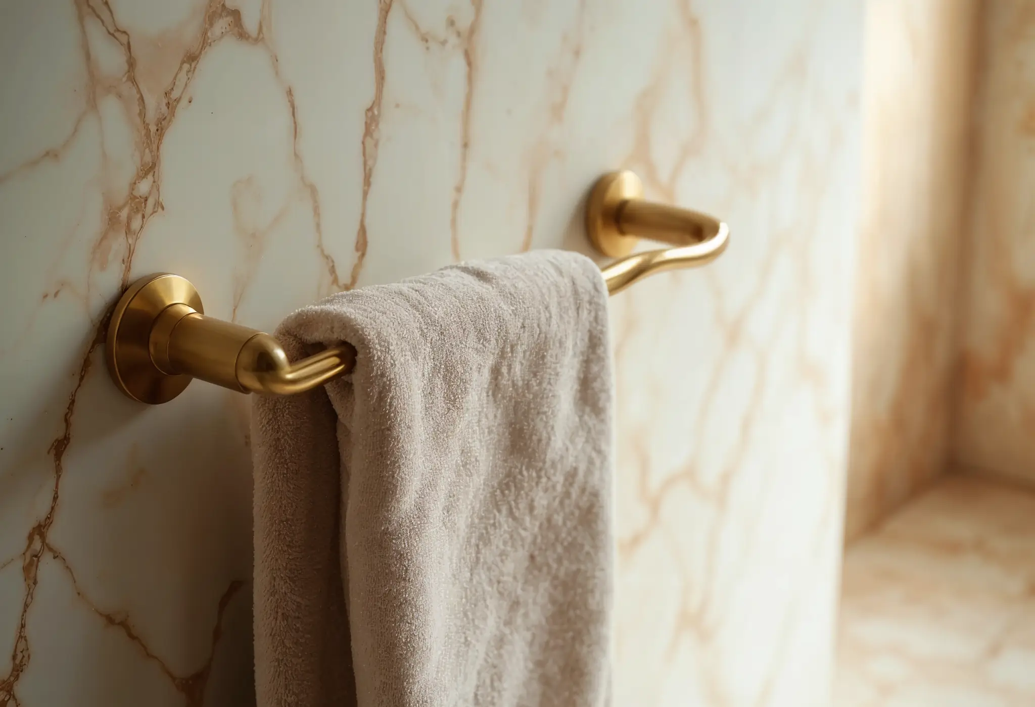 Designer grab bar doubling as a towel rack in a luxury bathroom.