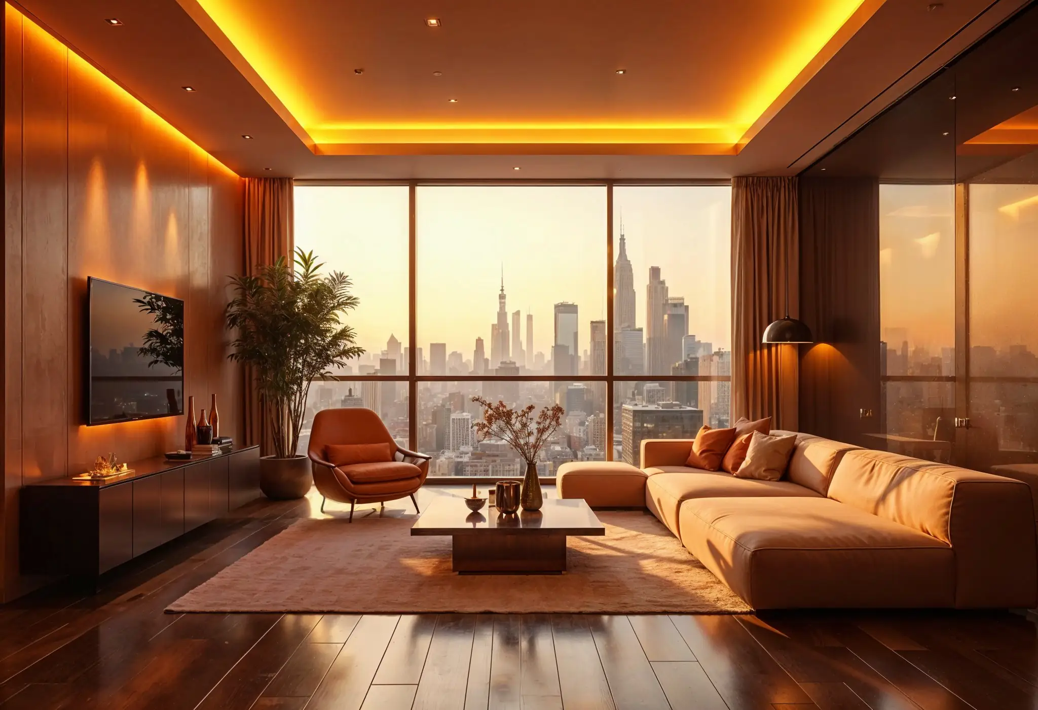 Elegant Manhattan living room with modern furnishings, large windows overlooking the skyline, and concealed fire safety features.