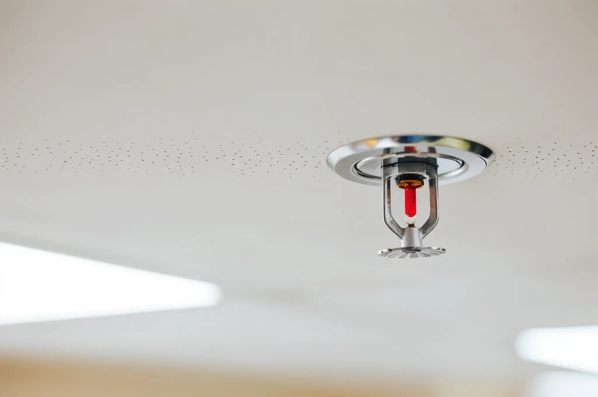 Integrated sprinkler system in a Manhattan luxury apartment ceiling with minimalist design and recessed lighting.