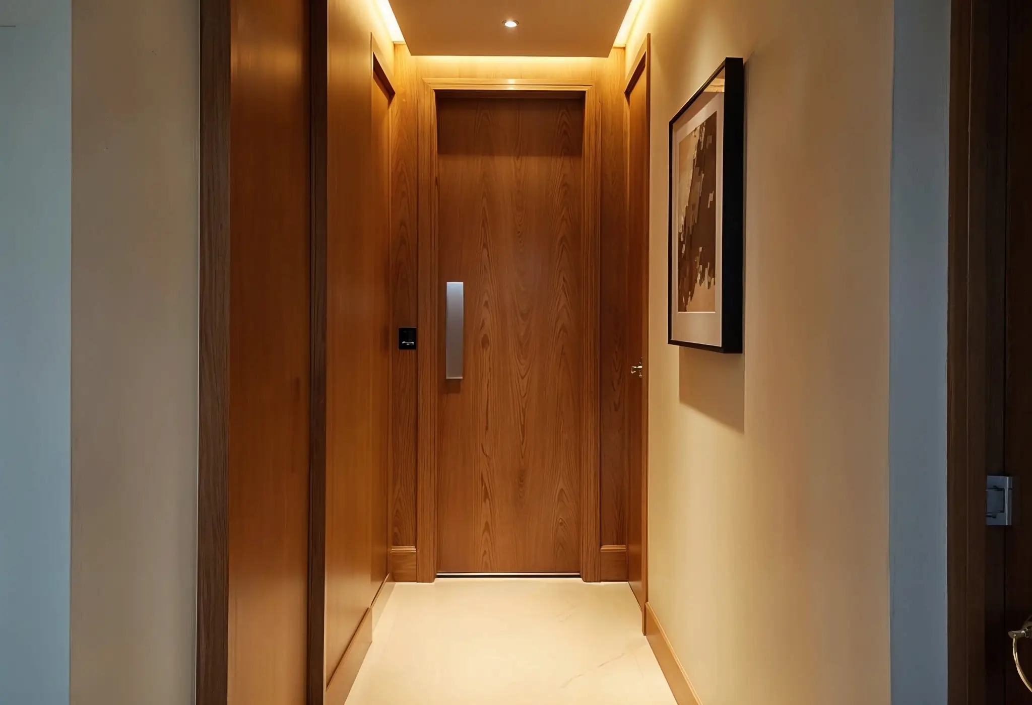 Self-closing door in a modern Manhattan apartment hallway with wood paneling and ambient lighting.