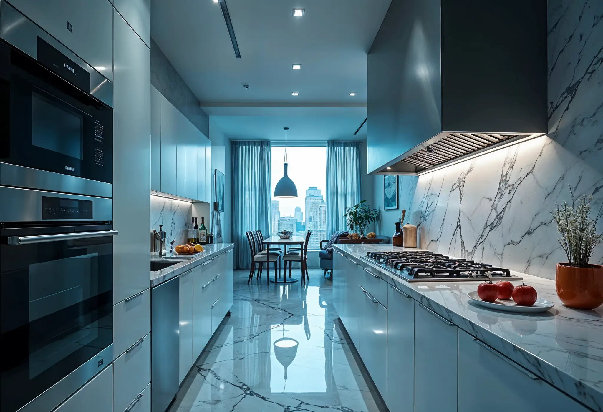 High-end Manhattan kitchen with marble countertops, advanced appliances, and fire-resistant materials.