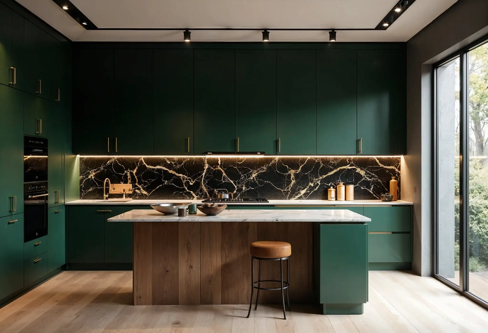 Moody luxury kitchen with deep forest green cabinets, brass accents, and marble countertops.