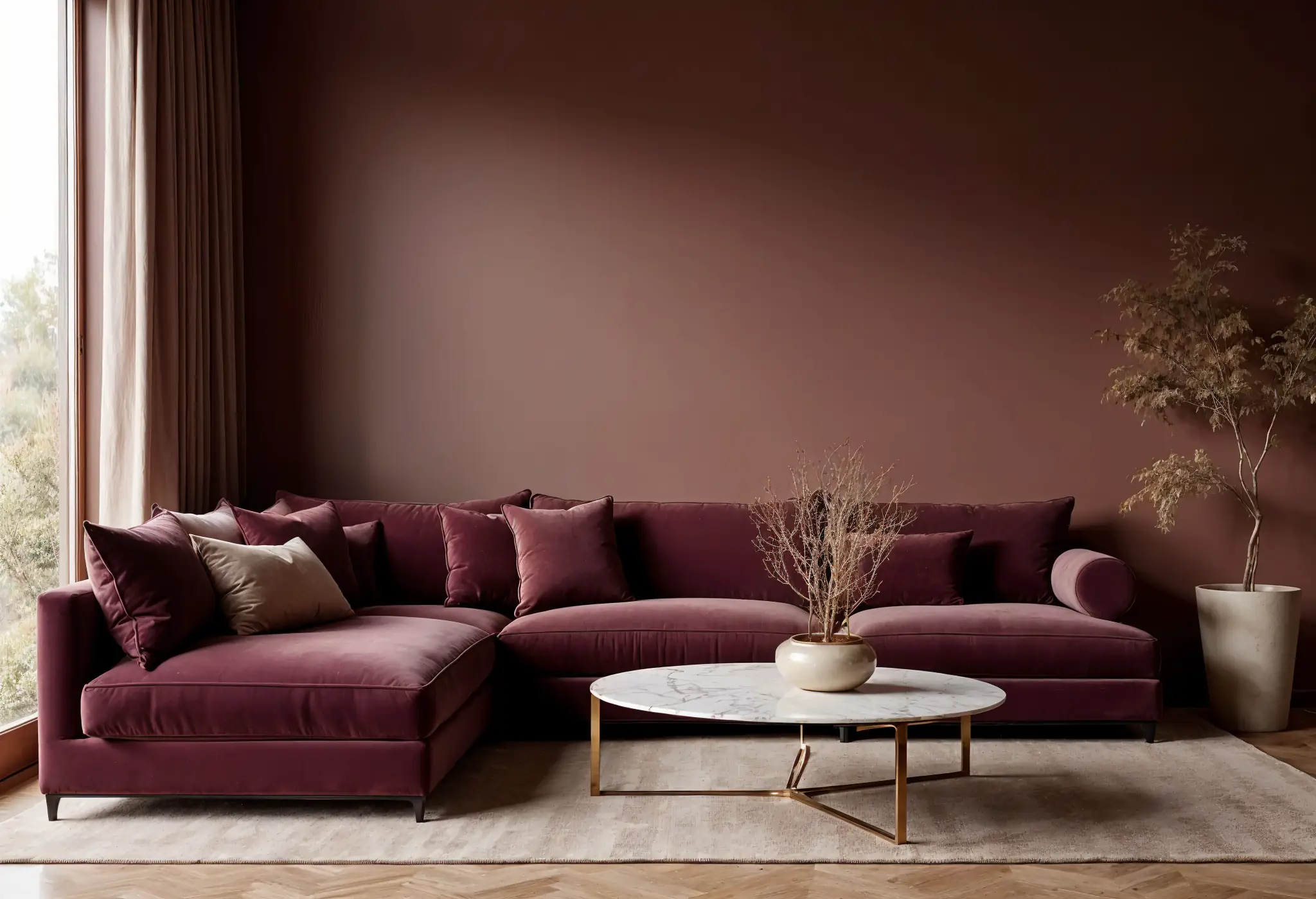 Luxury living room in Mocha Mousse with velvet seating and marble decor.
