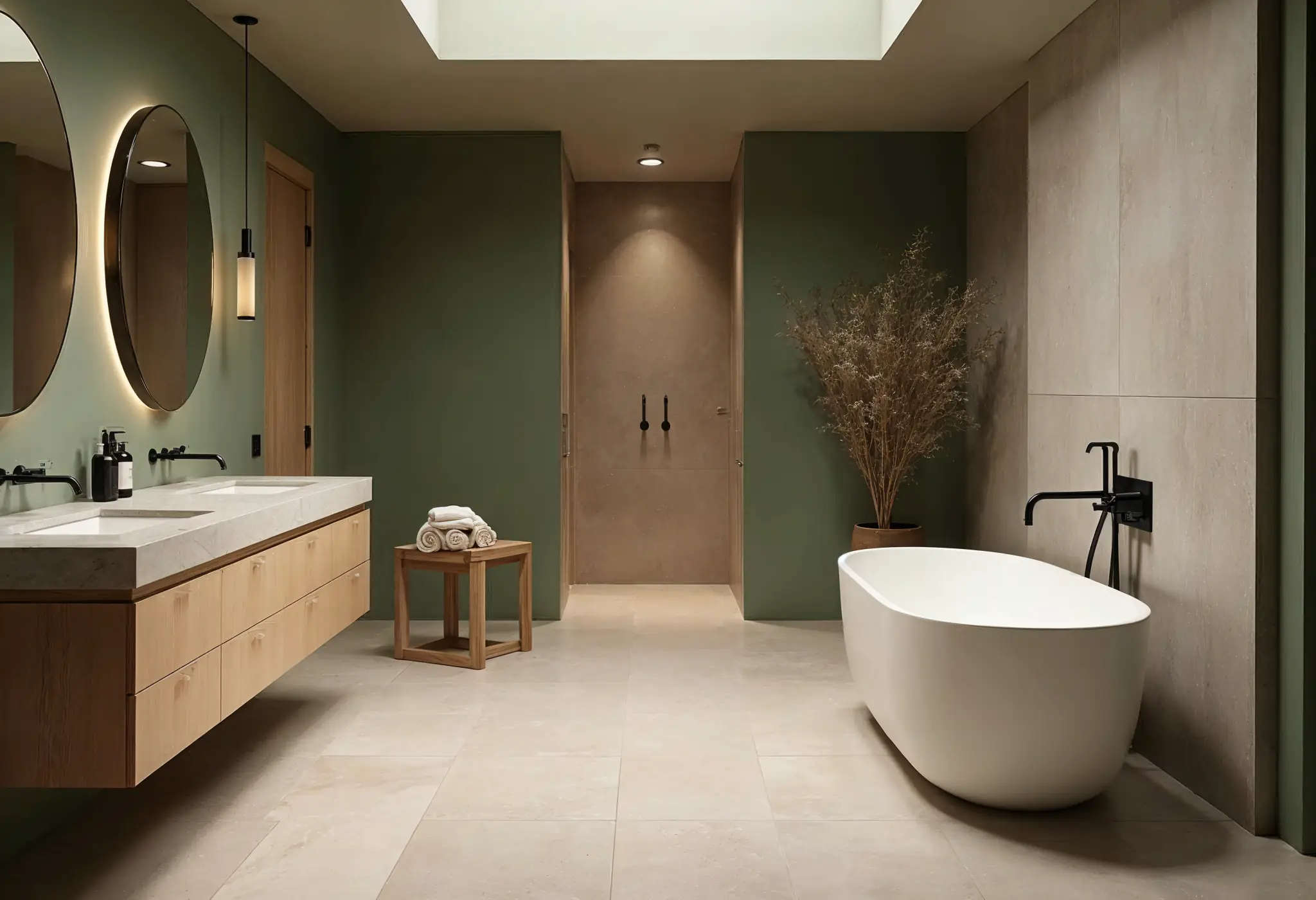 High-end spa-inspired bathroom with khaki green walls, wood vanities, and a matte white tub.
