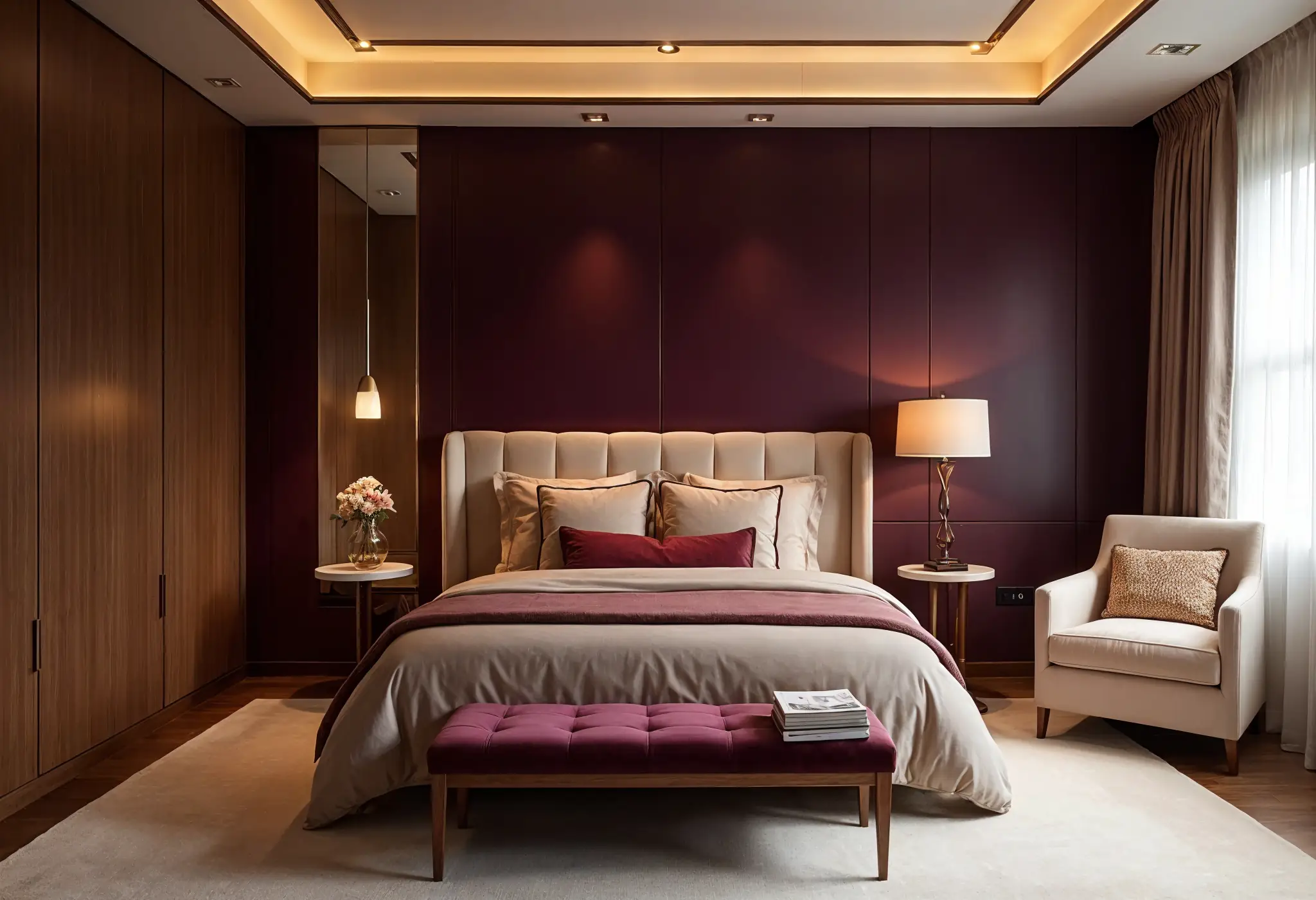 Deep plum statement wall in a luxury bedroom with velvet bedding and warm lighting.