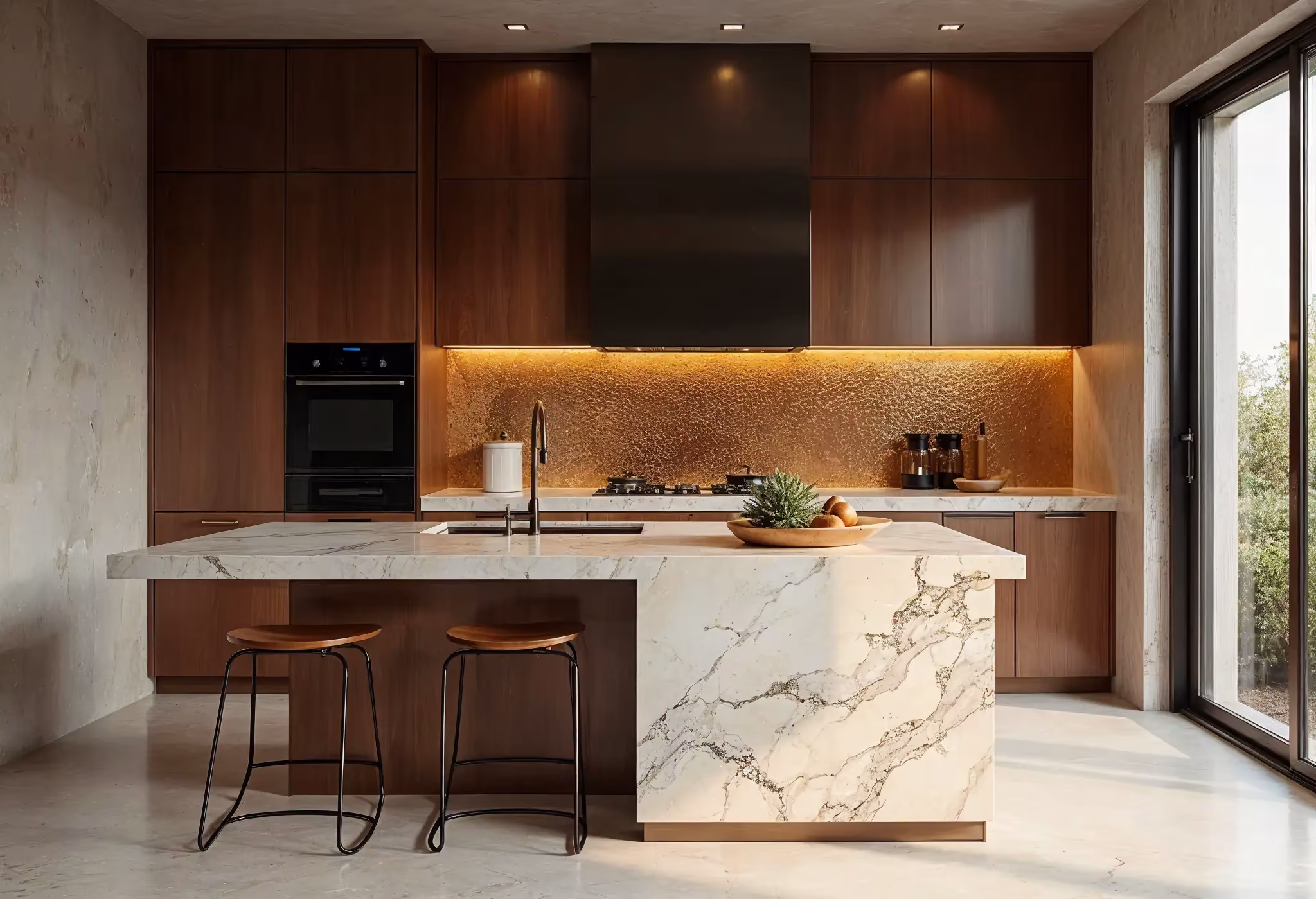 Modern kitchen with mixed materials—wood, metal, and terrazzo—with warm metallic accents