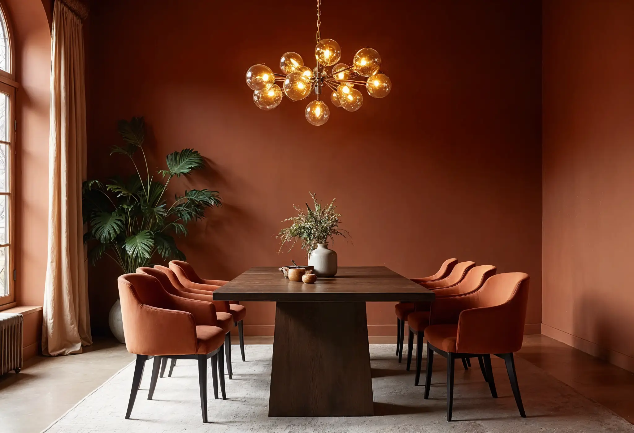 Elegant dining room with terracotta walls, dark wood furniture, and gold lighting.