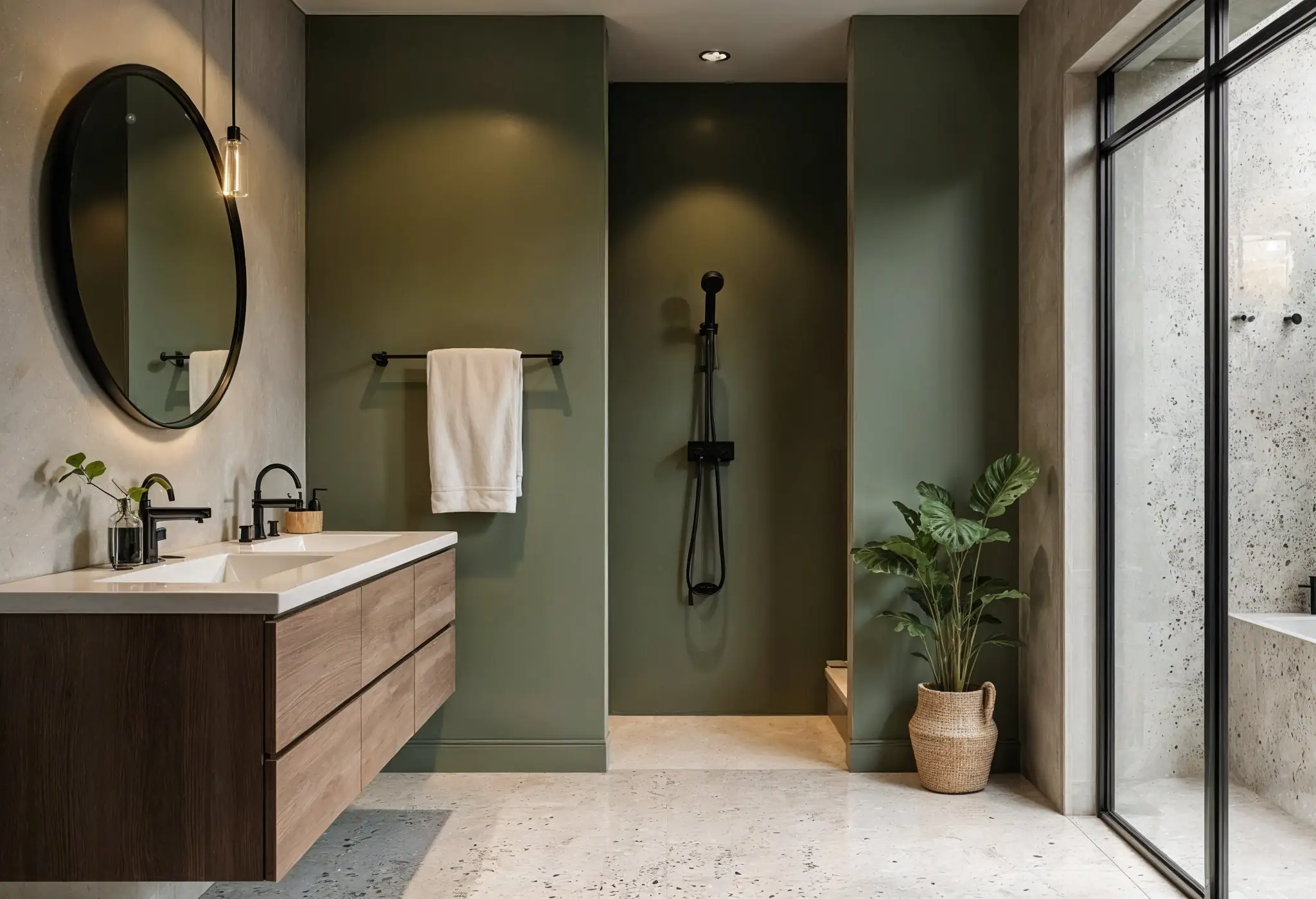 Modern bathroom with khaki green walls, wood vanities, and matte black fixtures.