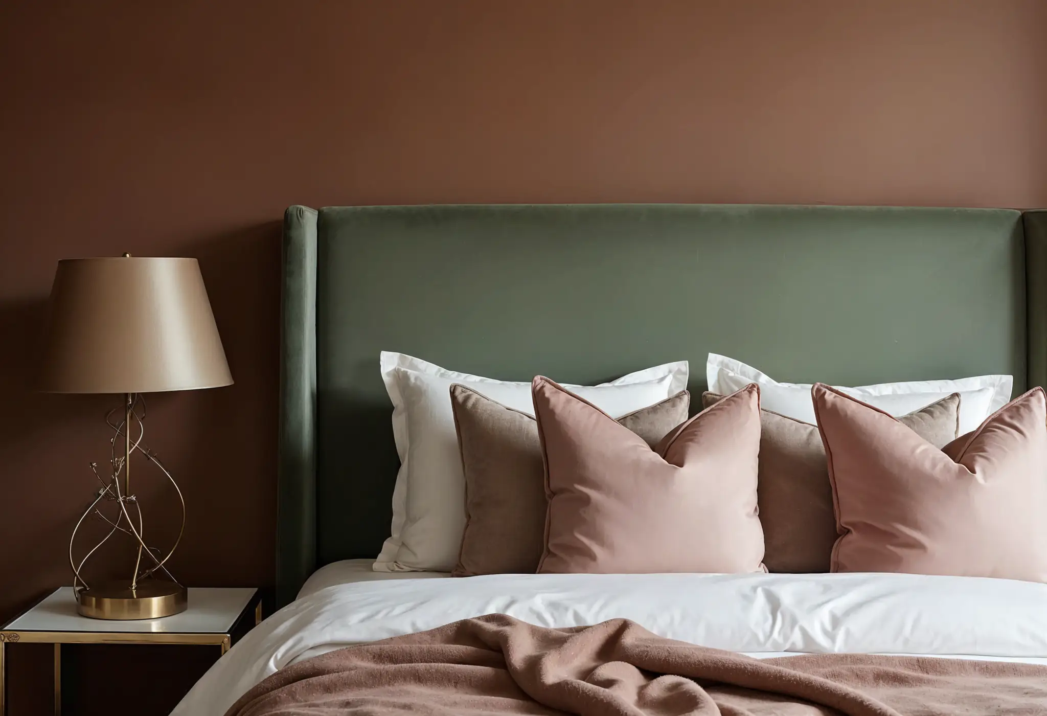 Luxurious bedroom with Mocha Mousse accent wall, sage green bed, blush pink pillows, and gold decor.