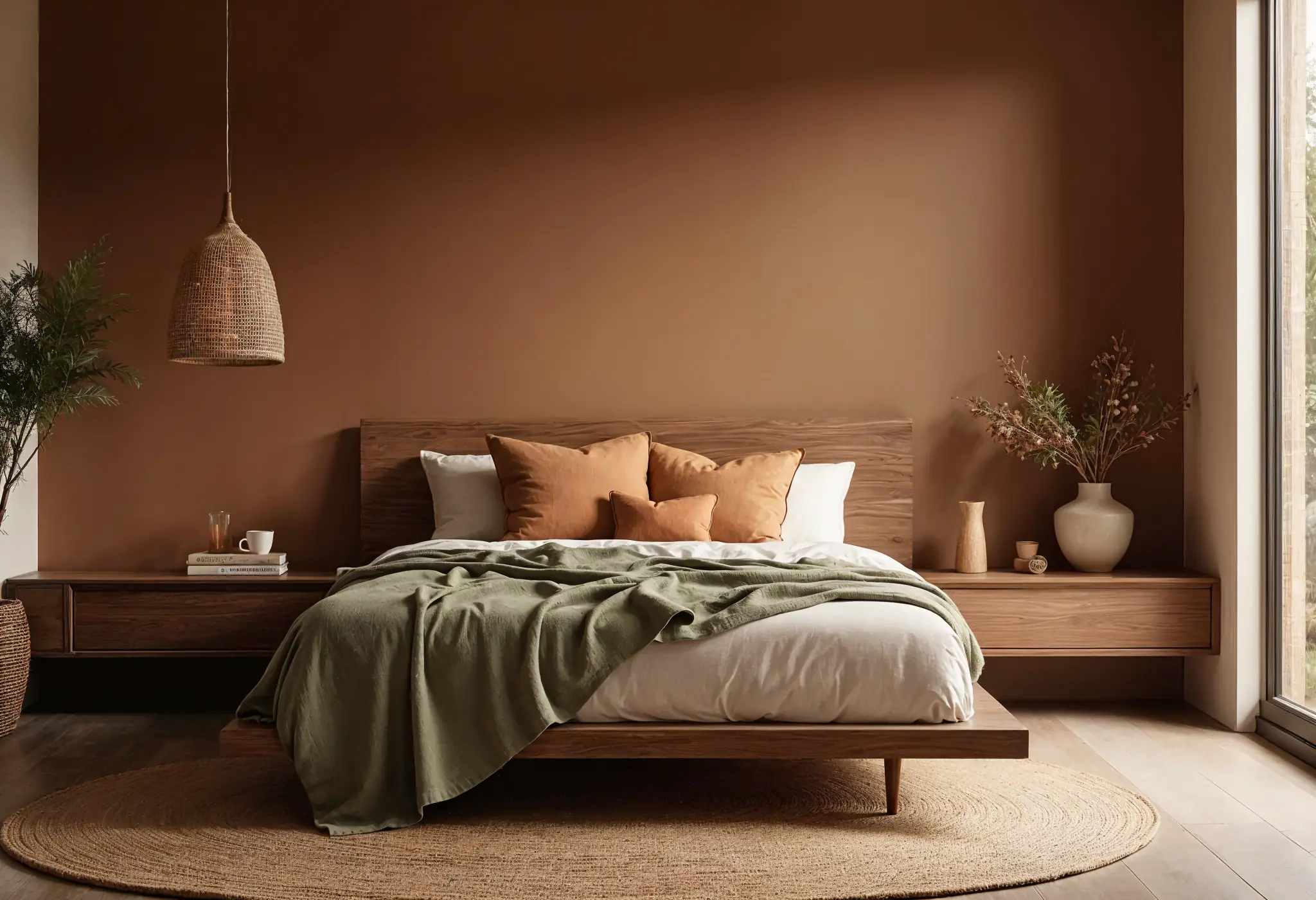 Modern bedroom with Mocha Mousse walls, walnut headboard, terra-cotta accents, and rattan lighting.
