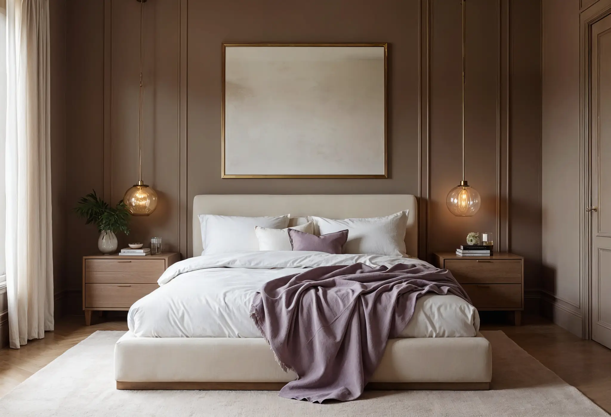 Contemporary bedroom with Mocha Mousse walls, gold decor, and a lavender throw blanket.