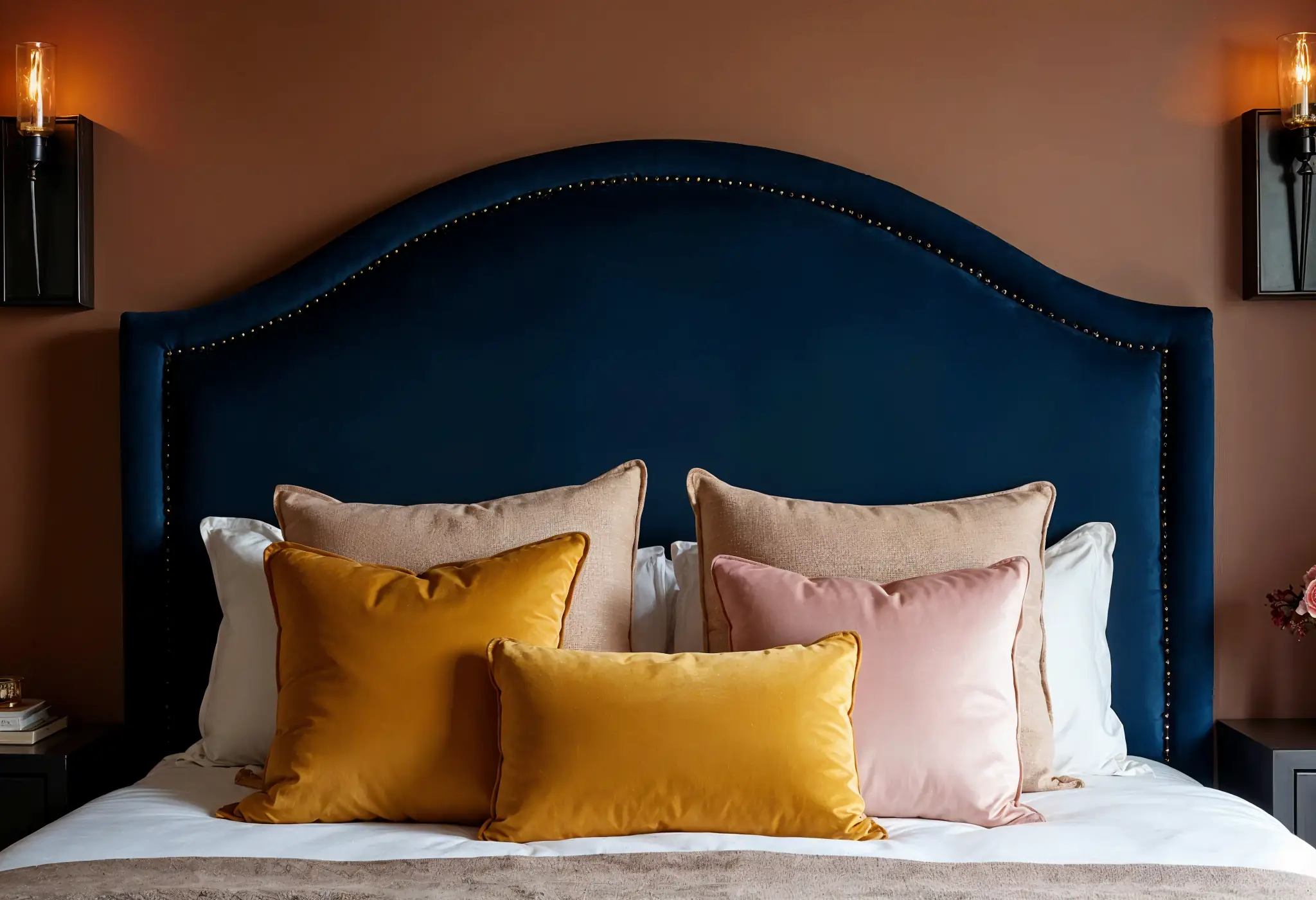 Luxury bedroom with Mocha Mousse walls, navy blue headboard, and mustard yellow pillows.