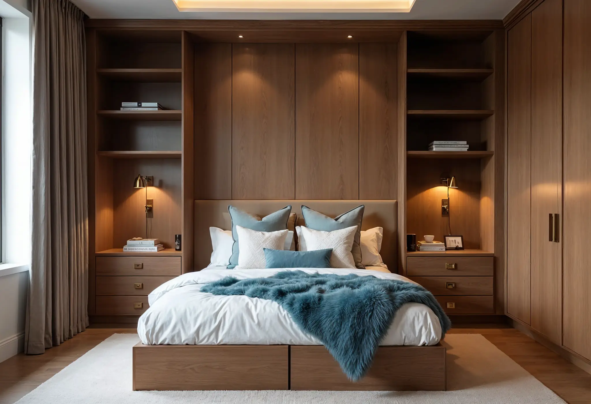 Small bedroom with Mocha Mousse walls, floating shelves, and hidden storage.