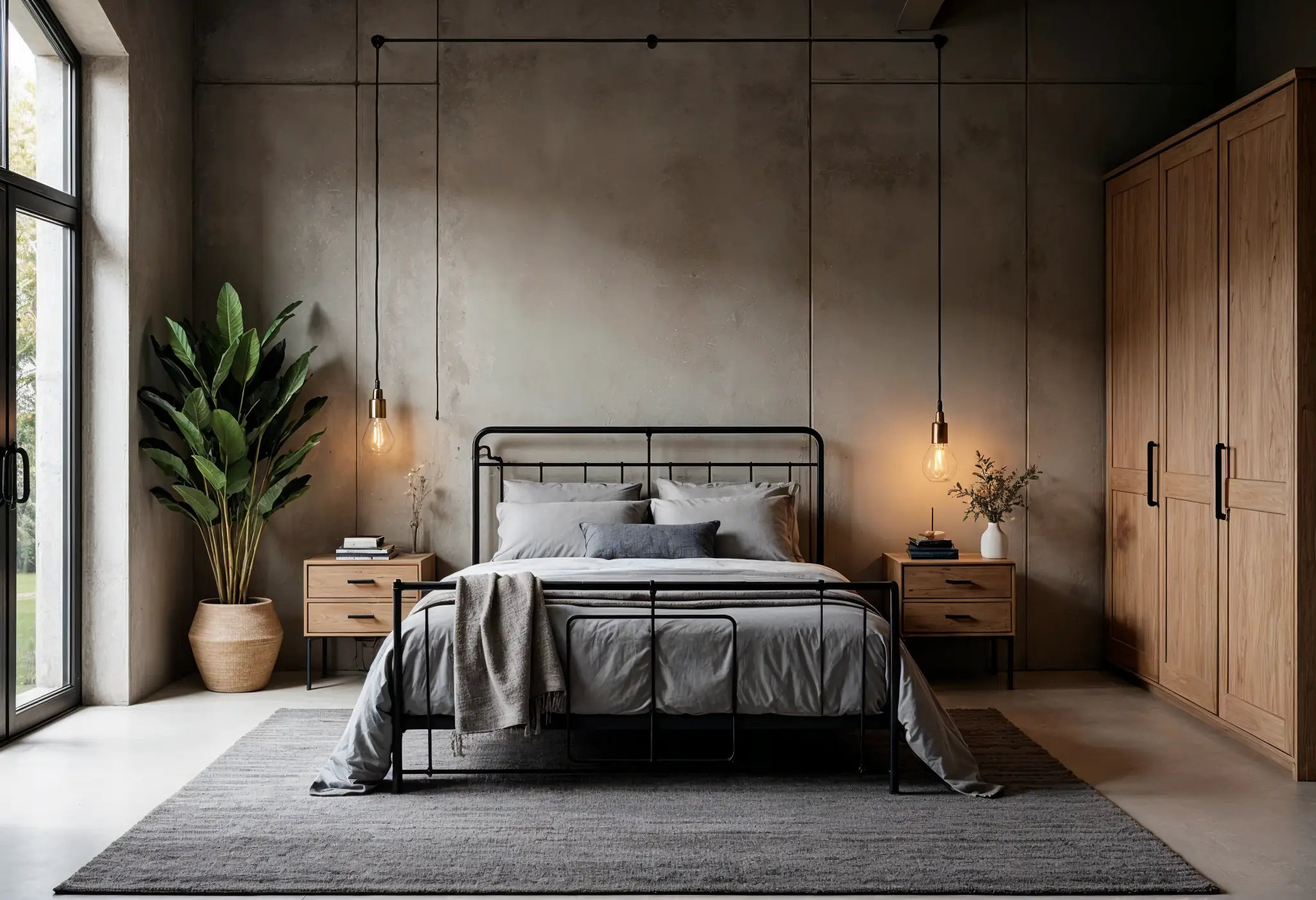Industrial-style bedroom with Mocha Mousse concrete walls, brass lighting, and black metal bed frame.