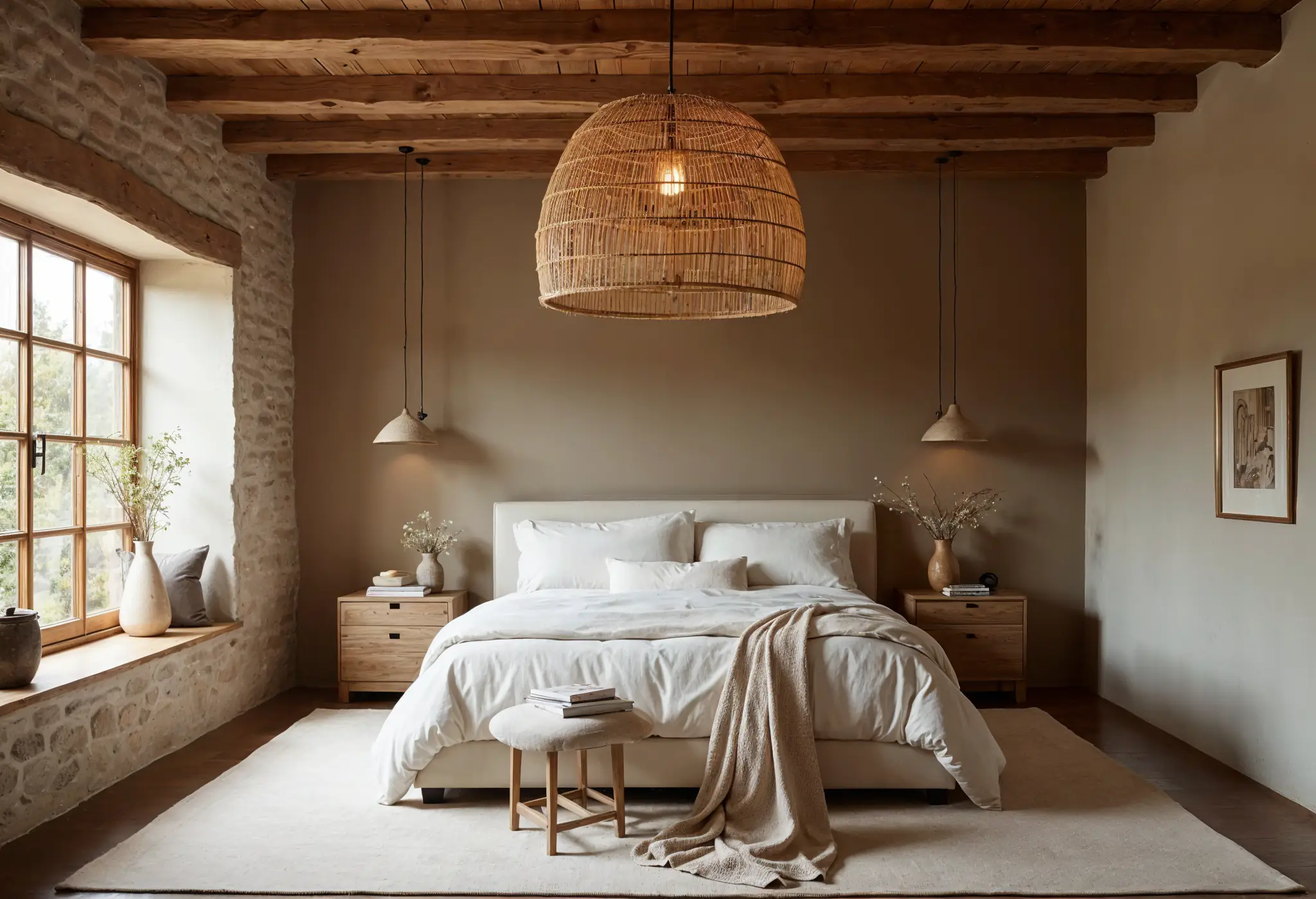 Rustic bedroom with Mocha Mousse walls, exposed beams, and a woven chandelier.