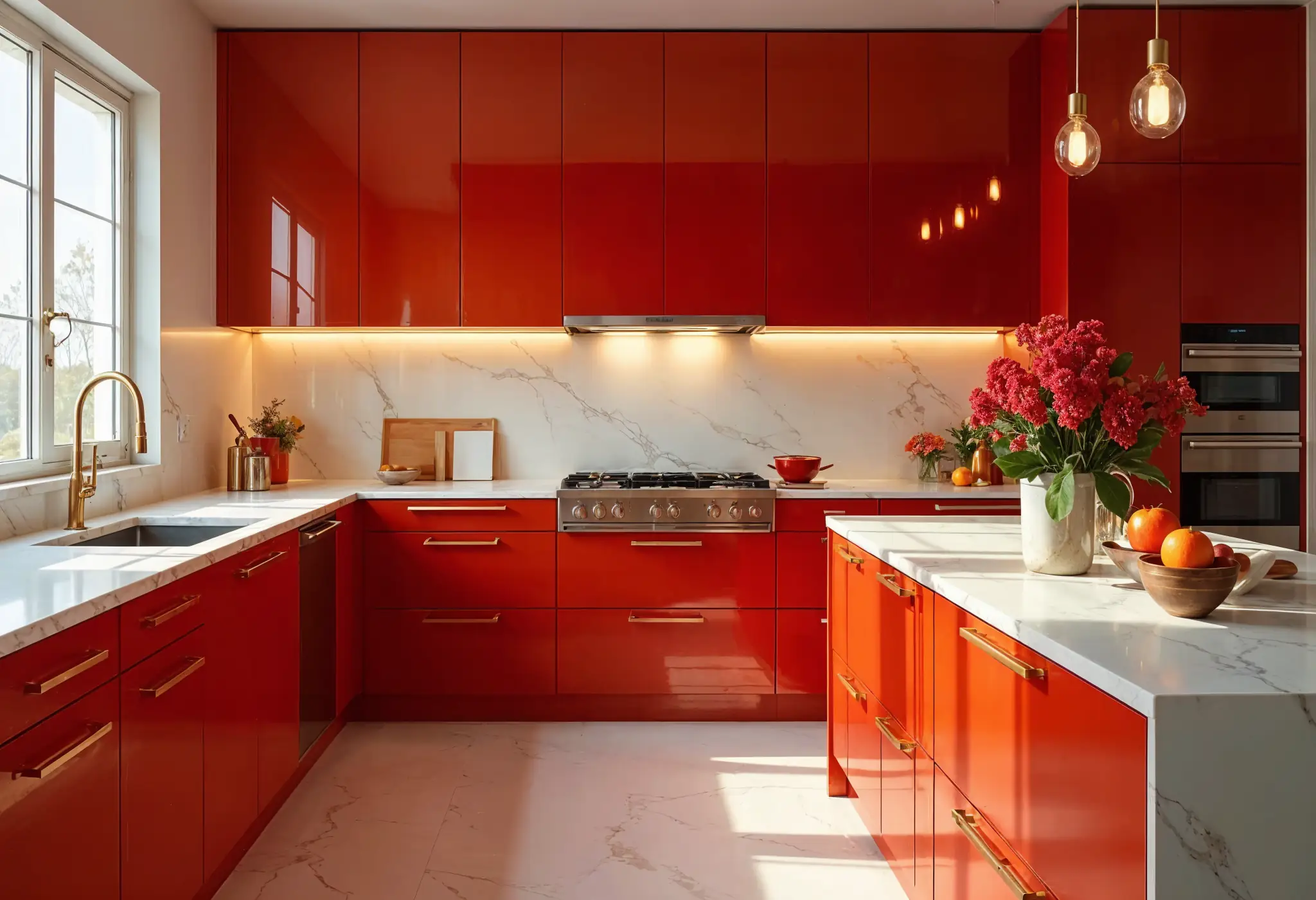 Luxury cherry red kitchen with marble countertops, gold hardware, and LED lighting.