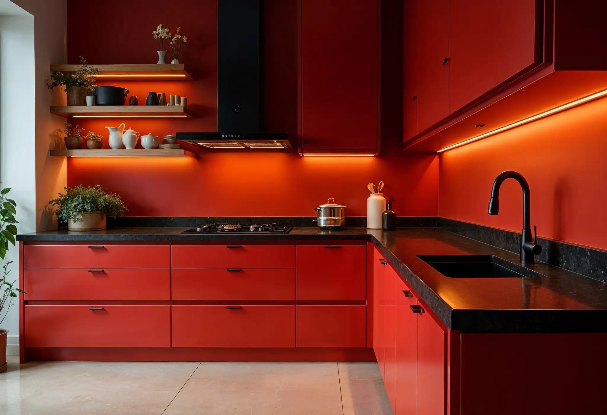 Modern cherry red kitchen with matte black fixtures, black quartz countertops, and floating shelves.
