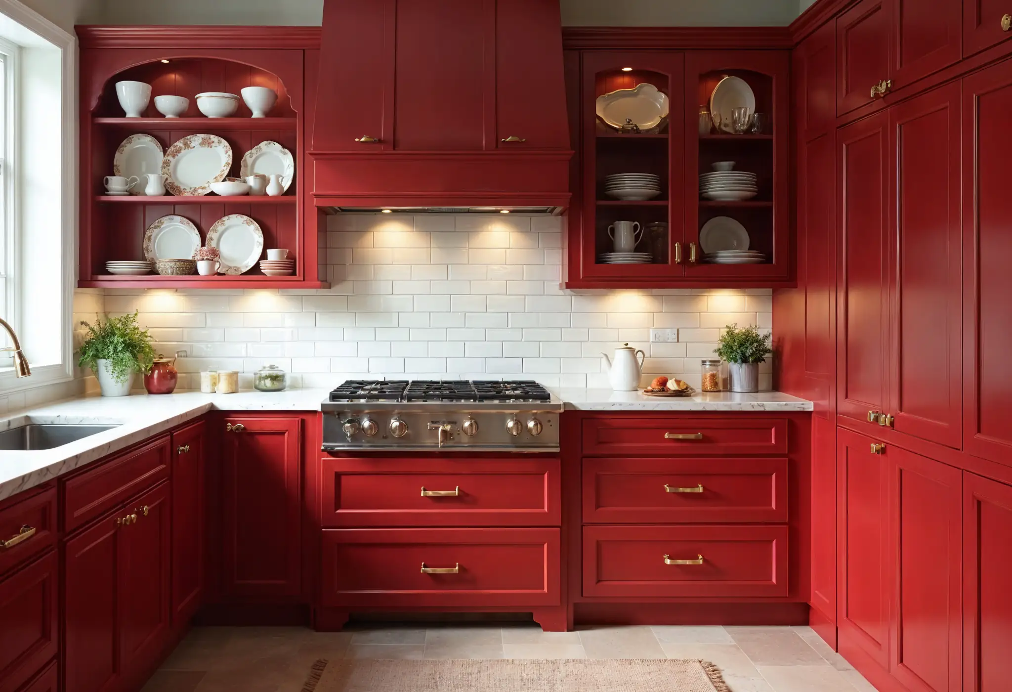 Cherry red kitchen with gold fixtures, white subway tile backsplash, and glass-front cabinets.