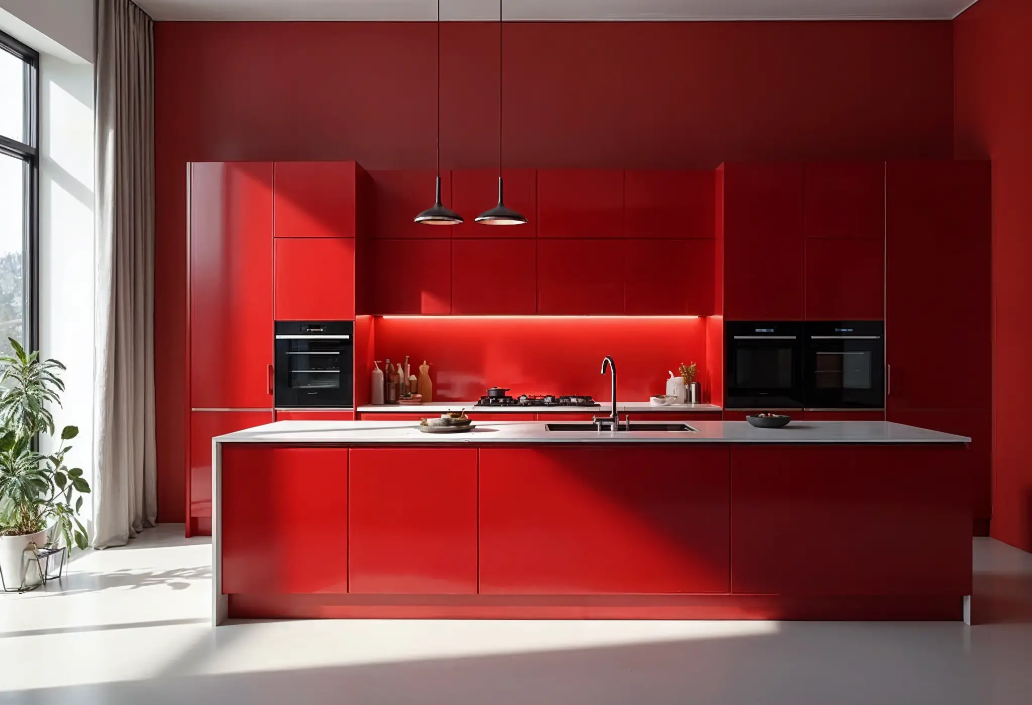 Minimalist cherry red kitchen with waterfall island, LED lighting, and hidden storage.