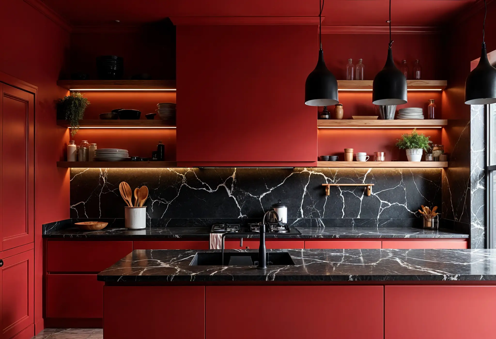 Cherry red kitchen with black marble countertops, open shelving, and pendant lighting.