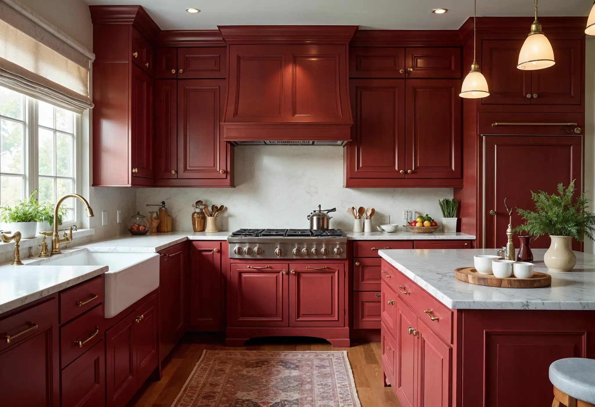 Classic cherry red kitchen with crown molding, brass hardware, and farmhouse sink.
