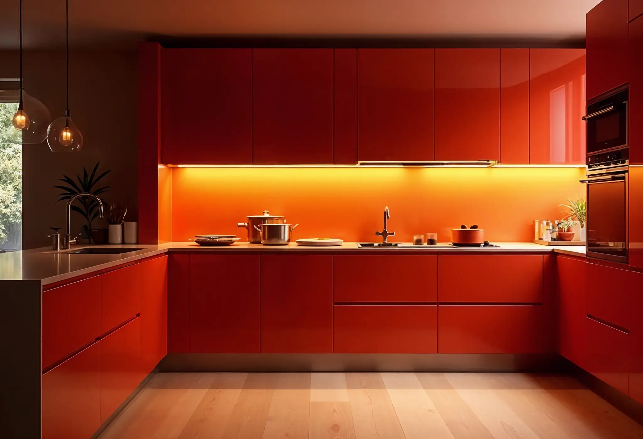 High-gloss cherry red kitchen with integrated appliances and seamless cabinetry.