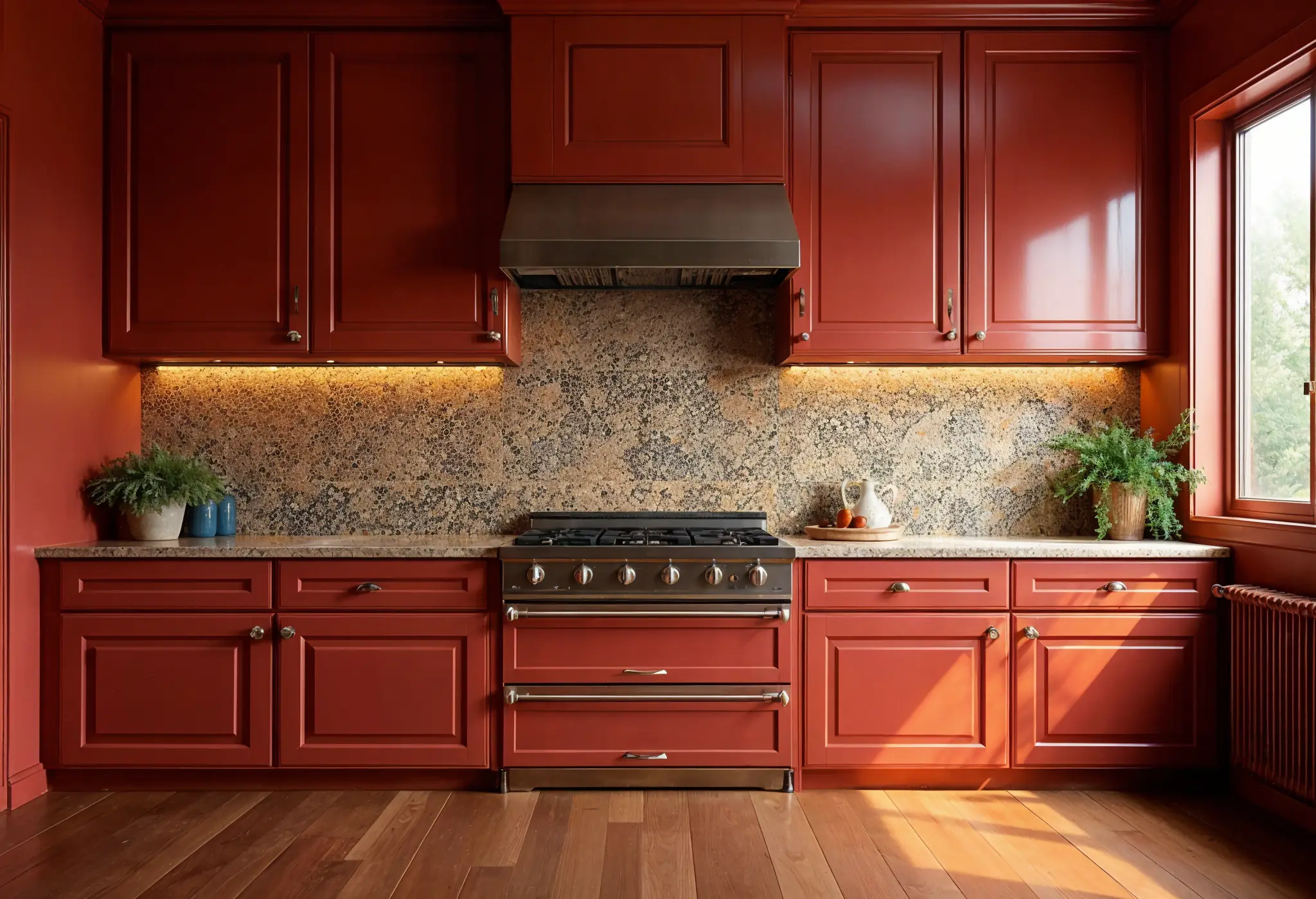 Cherry red kitchen with Moroccan tile backsplash, gold lighting, and statement cabinets.