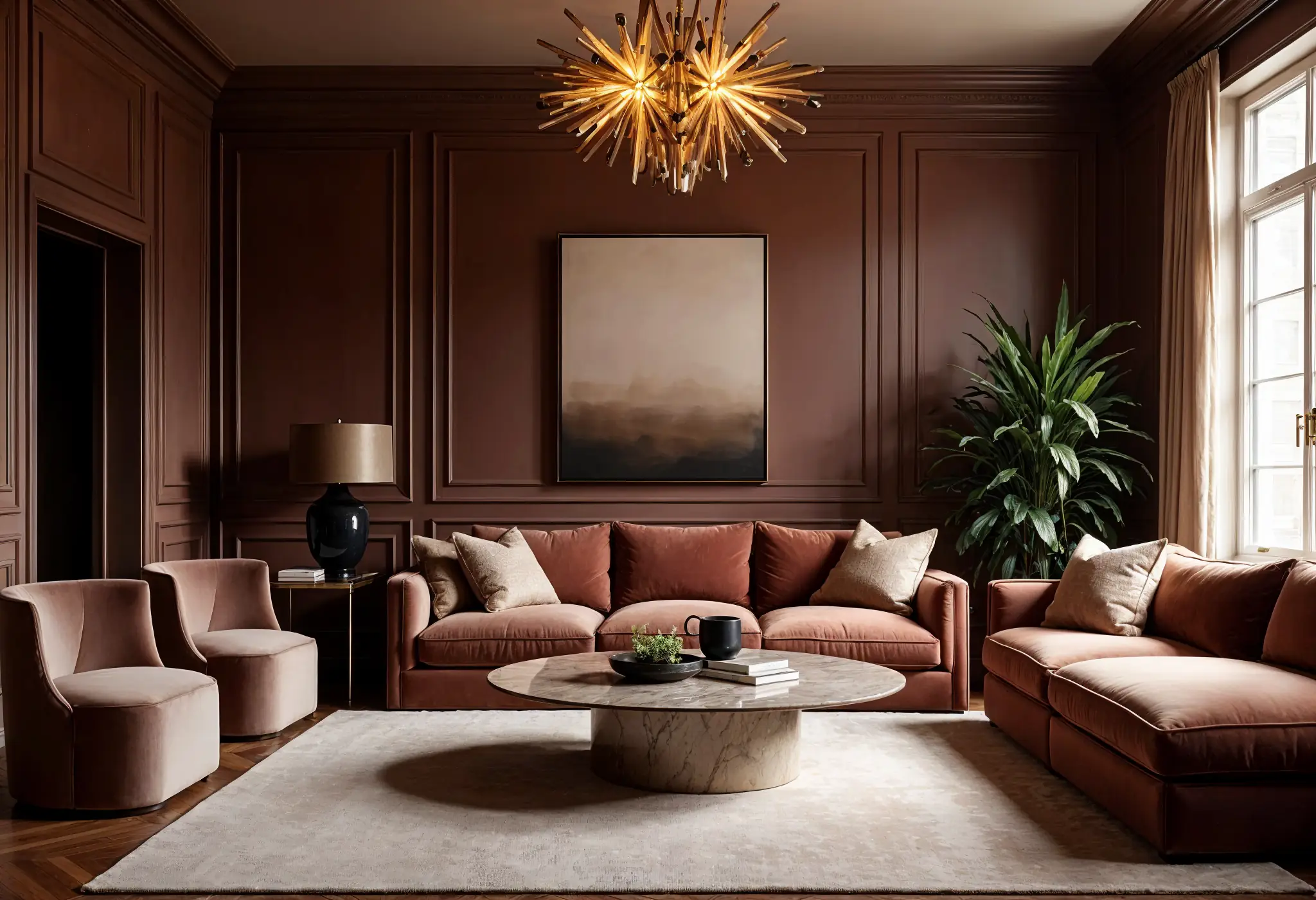 Luxurious Manhattan living room with a Cinnamon Slate accent wall, velvet furniture, and brass accents.