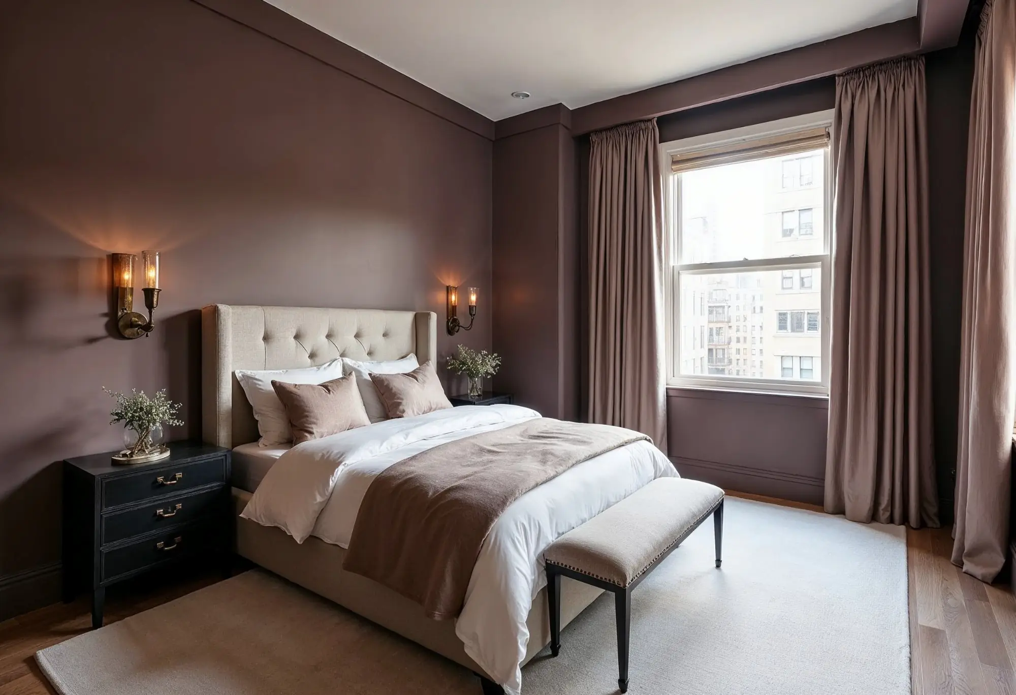 Manhattan luxury bedroom with Benjamin Moore Cinnamon Slate walls, silk drapery, and soft lighting.