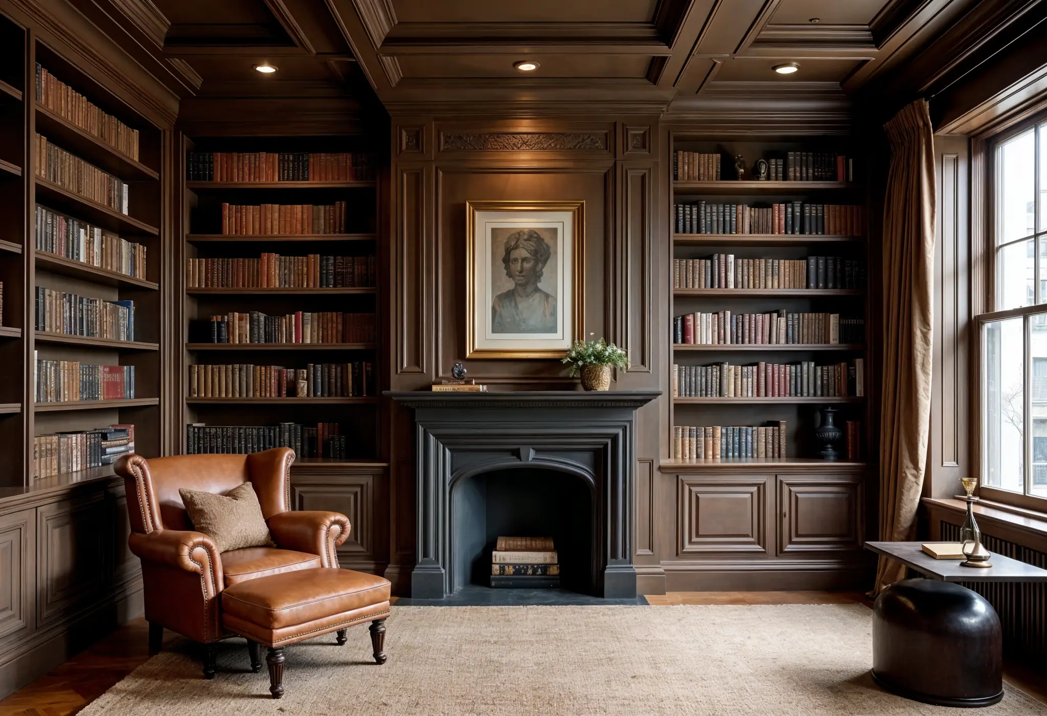 Luxury home library in Manhattan with Cinnamon Slate-painted bookshelves, a leather armchair, and recessed lighting.