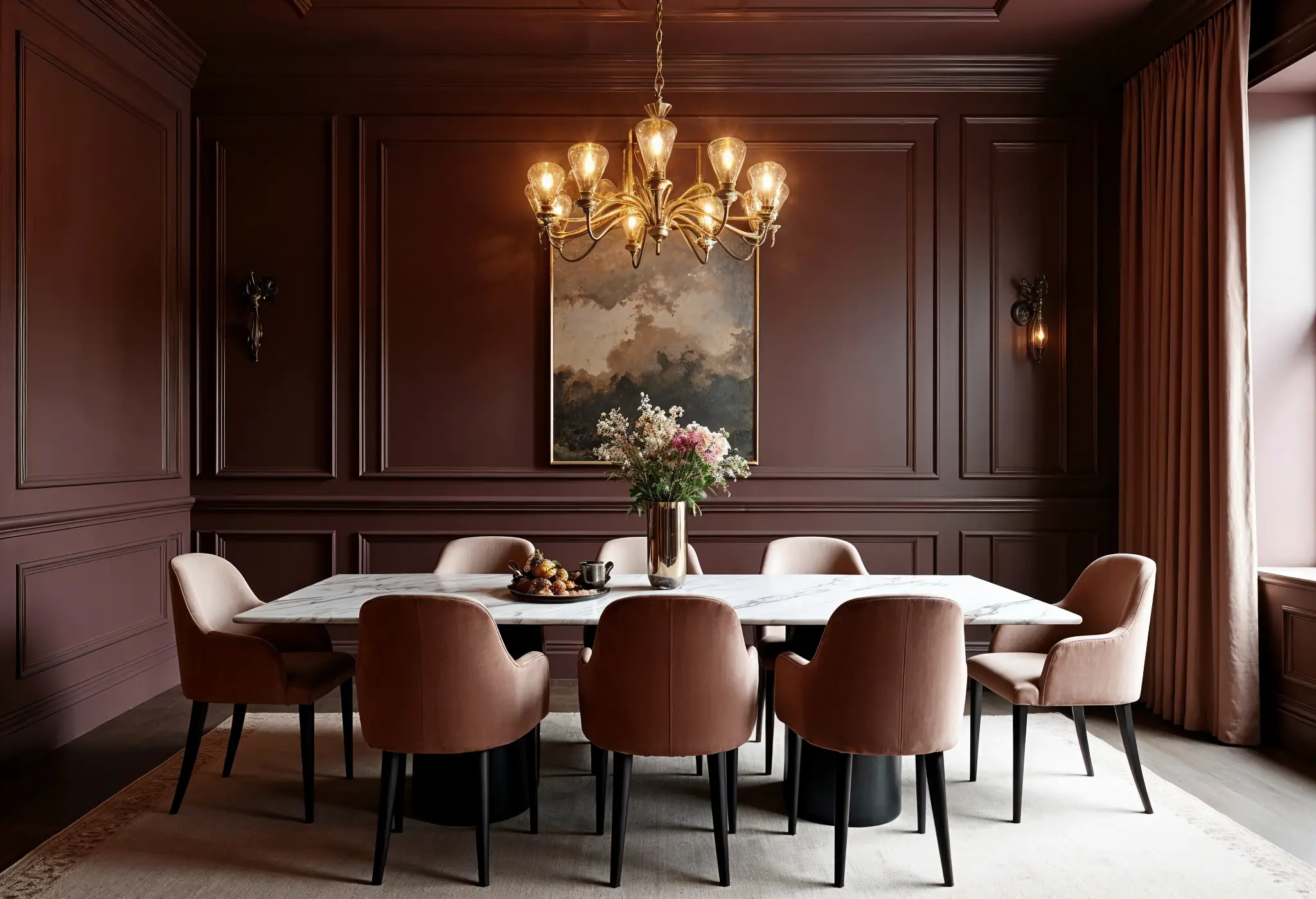Luxury Manhattan dining room with Cinnamon Slate walls, gold chandelier, and marble dining table.