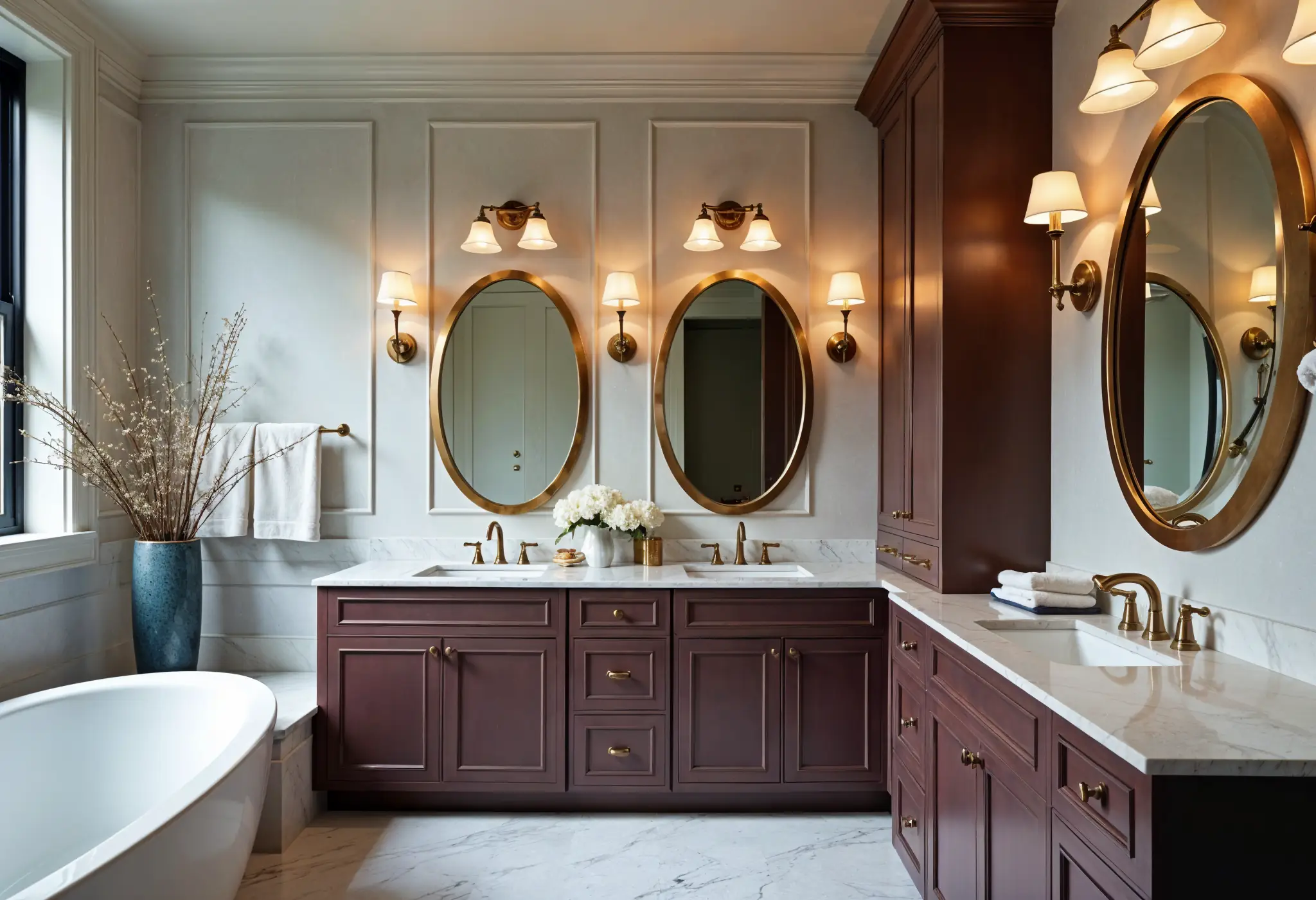 Luxury Manhattan bathroom with Cinnamon Slate vanity, marble countertops, and brass fixtures.
