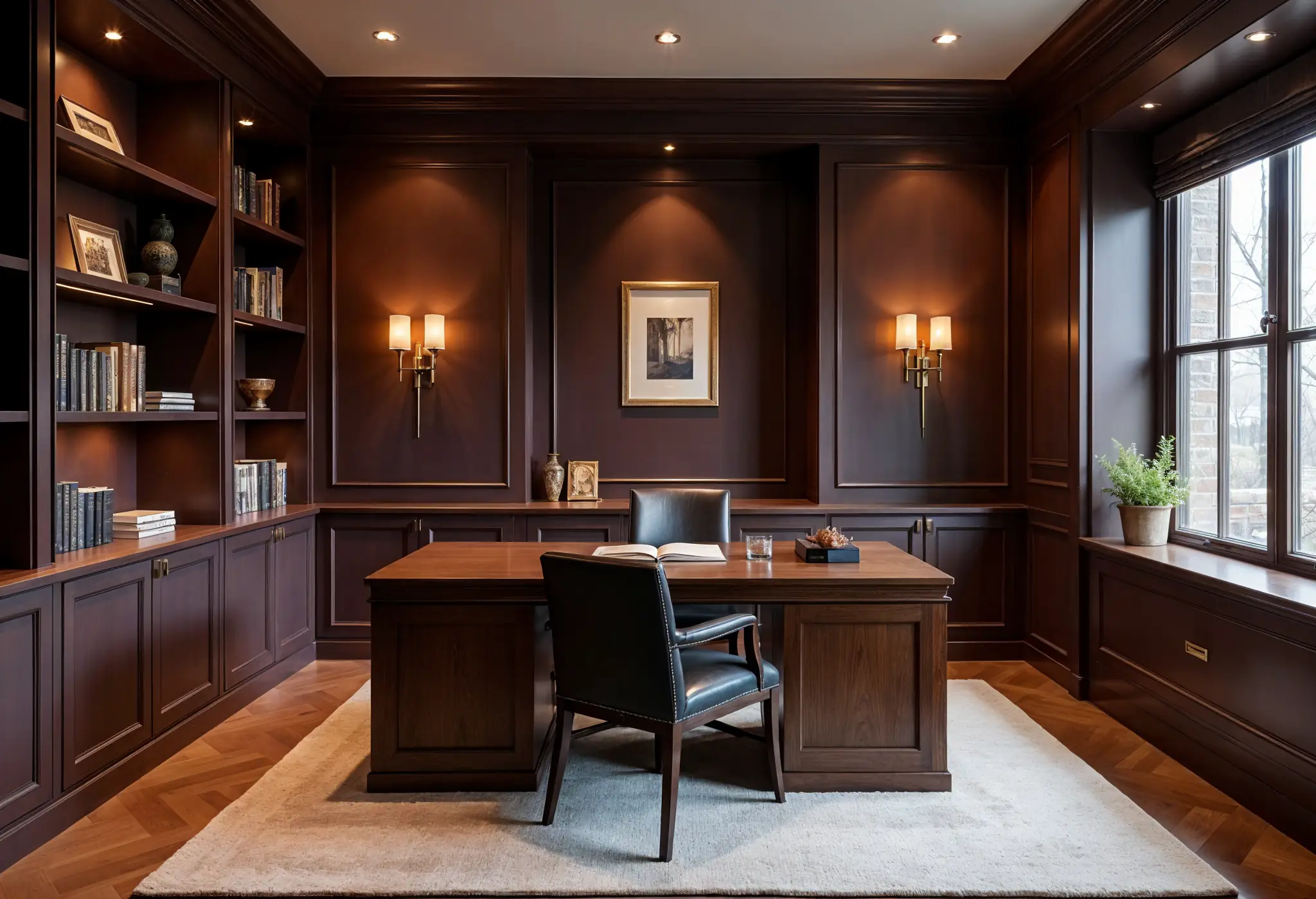 Luxury Manhattan home office with Cinnamon Slate walls, built-in shelving, and a walnut executive desk.