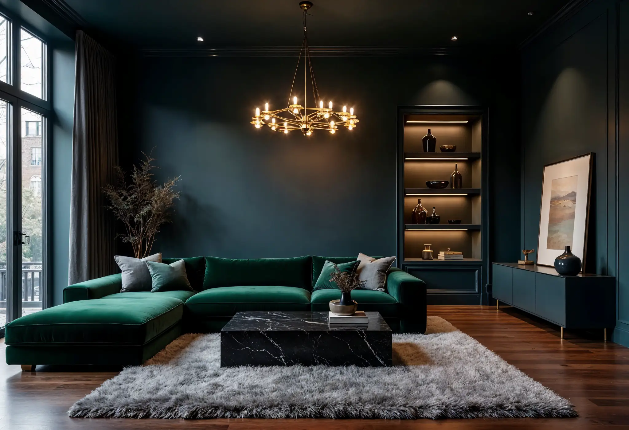 Moody minimalist Manhattan living room with deep jewel tones, velvet furniture, and warm lighting.