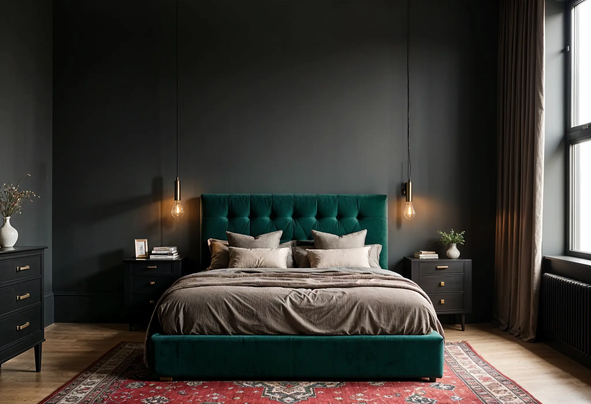 Dark minimalist bedroom with emerald green velvet bed, moody lighting, and textured bedding.